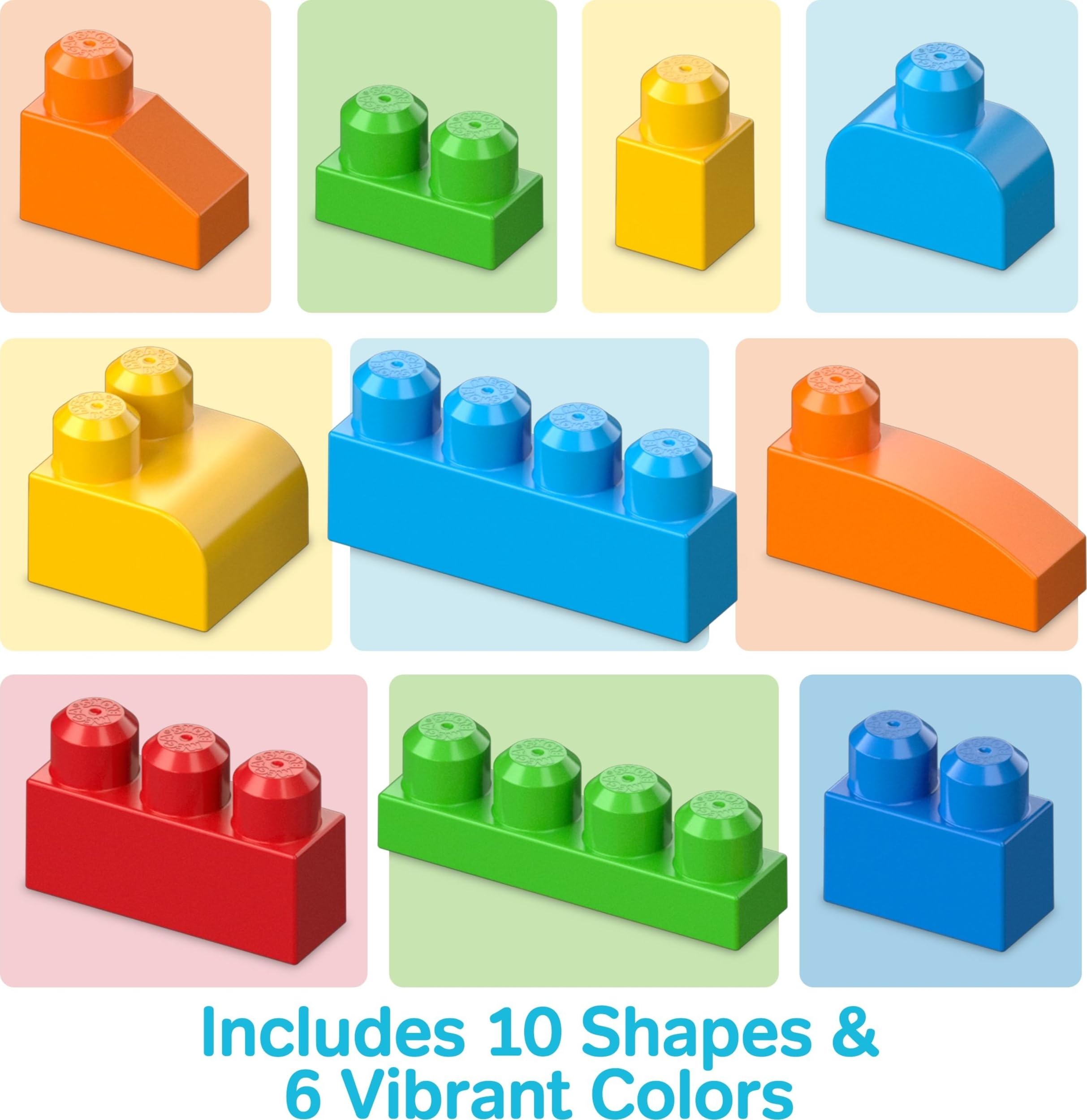 MEGA BLOKS block next to toddler hand for scale, demonstrates child-friendly size