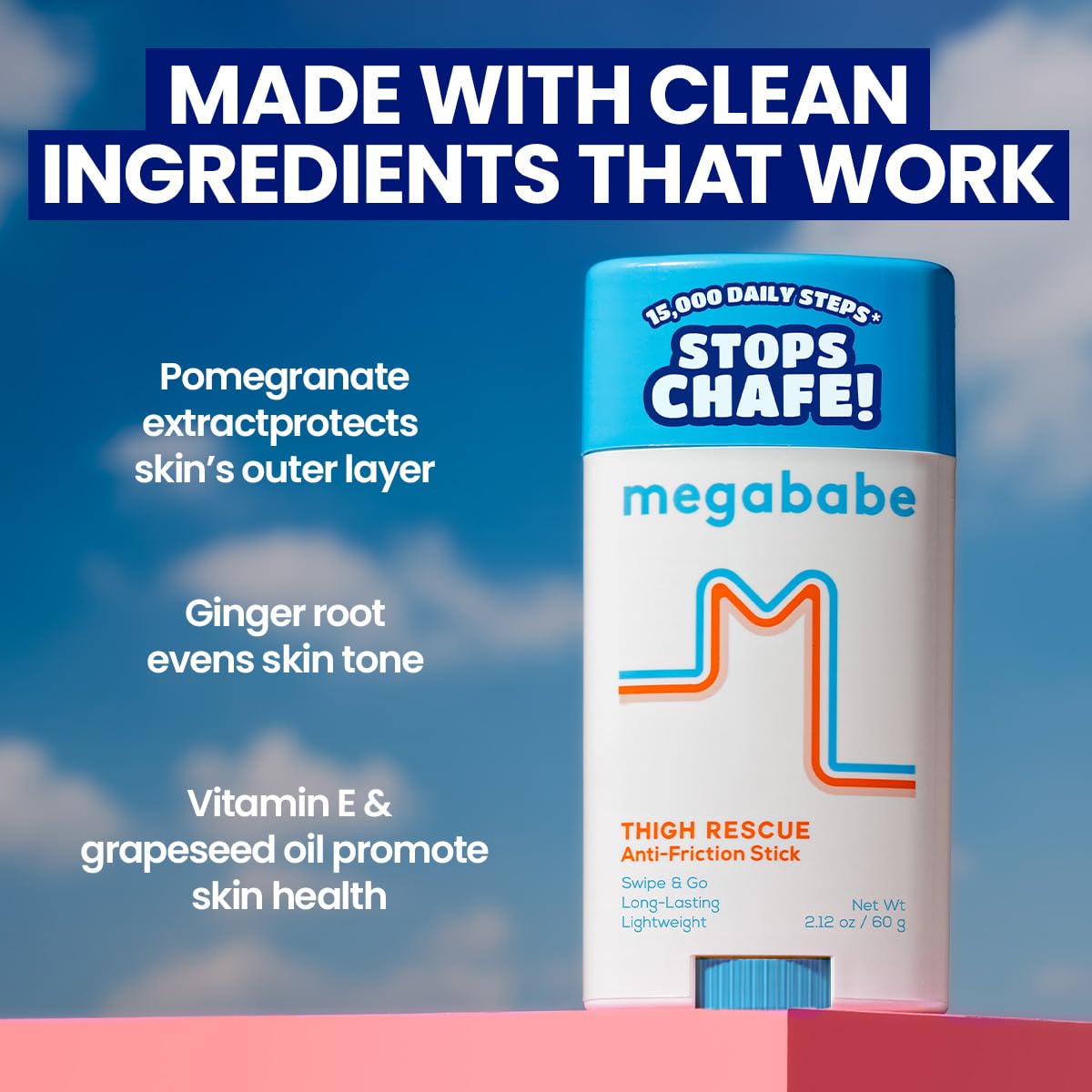 Megababe stick applied to inner thigh preventing friction