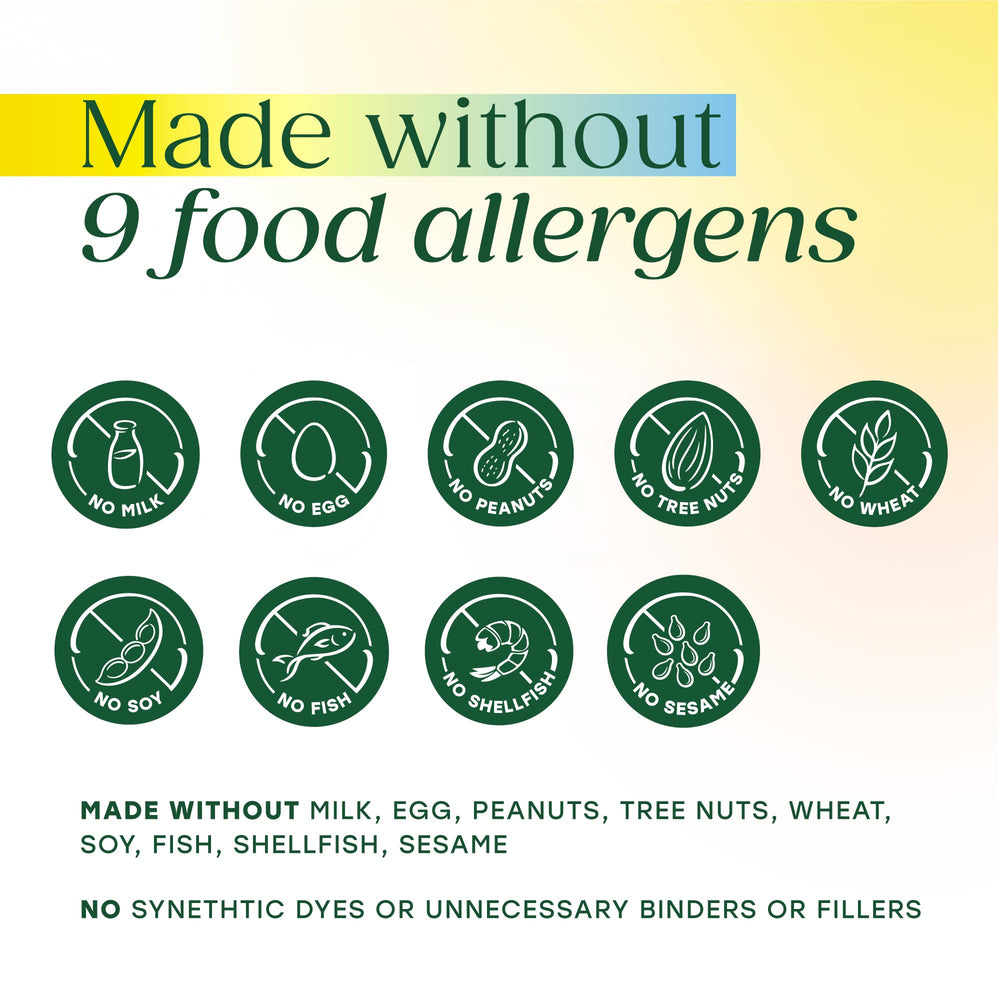 MegaFood bottle staged with supplements emphasizing allergen-free benefit