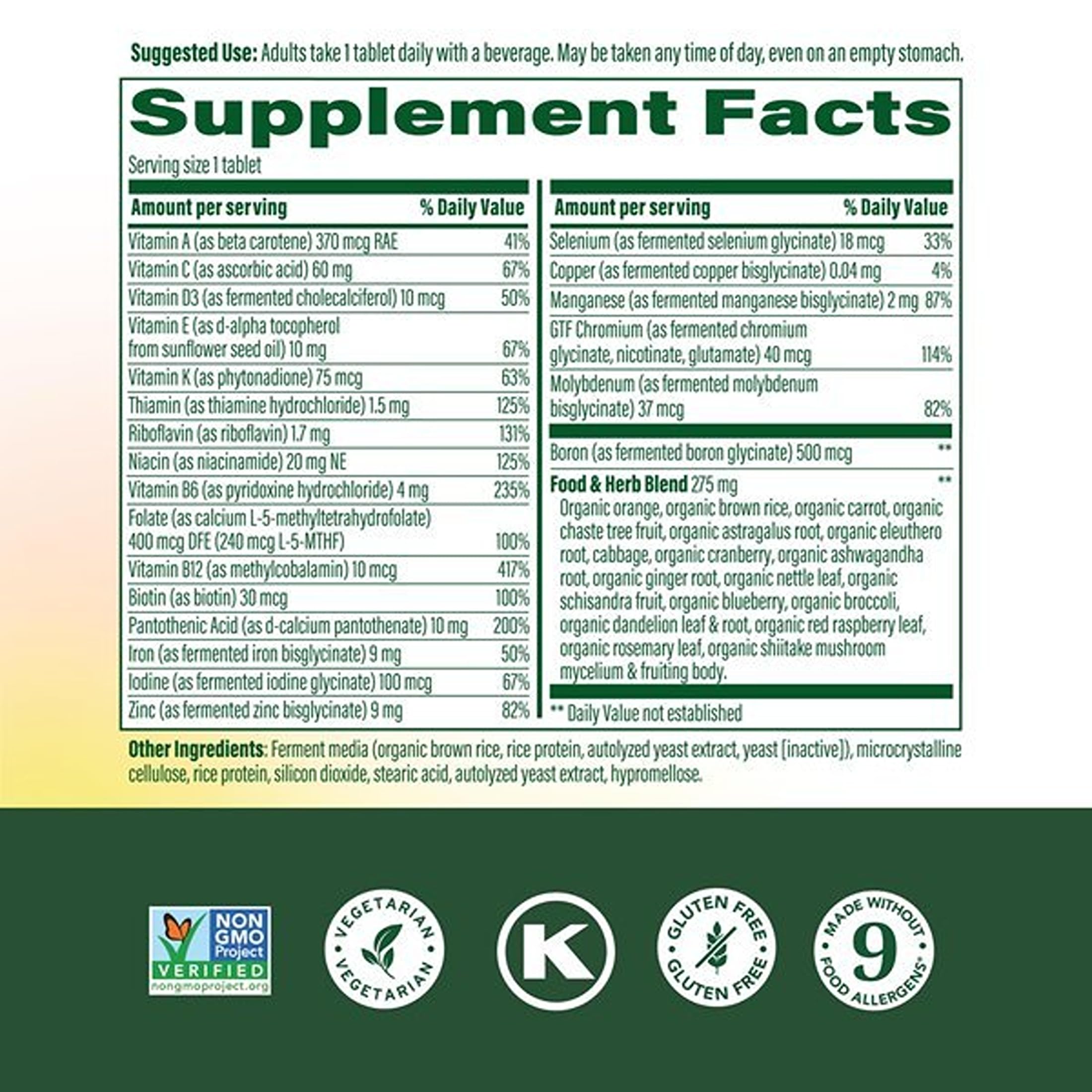 MegaFood label detail highlighting nutrients and real-food ingredients