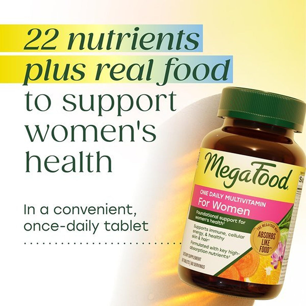 MegaFood tablet beside blueberry cranberry and broccoli indicating real-food ingredients