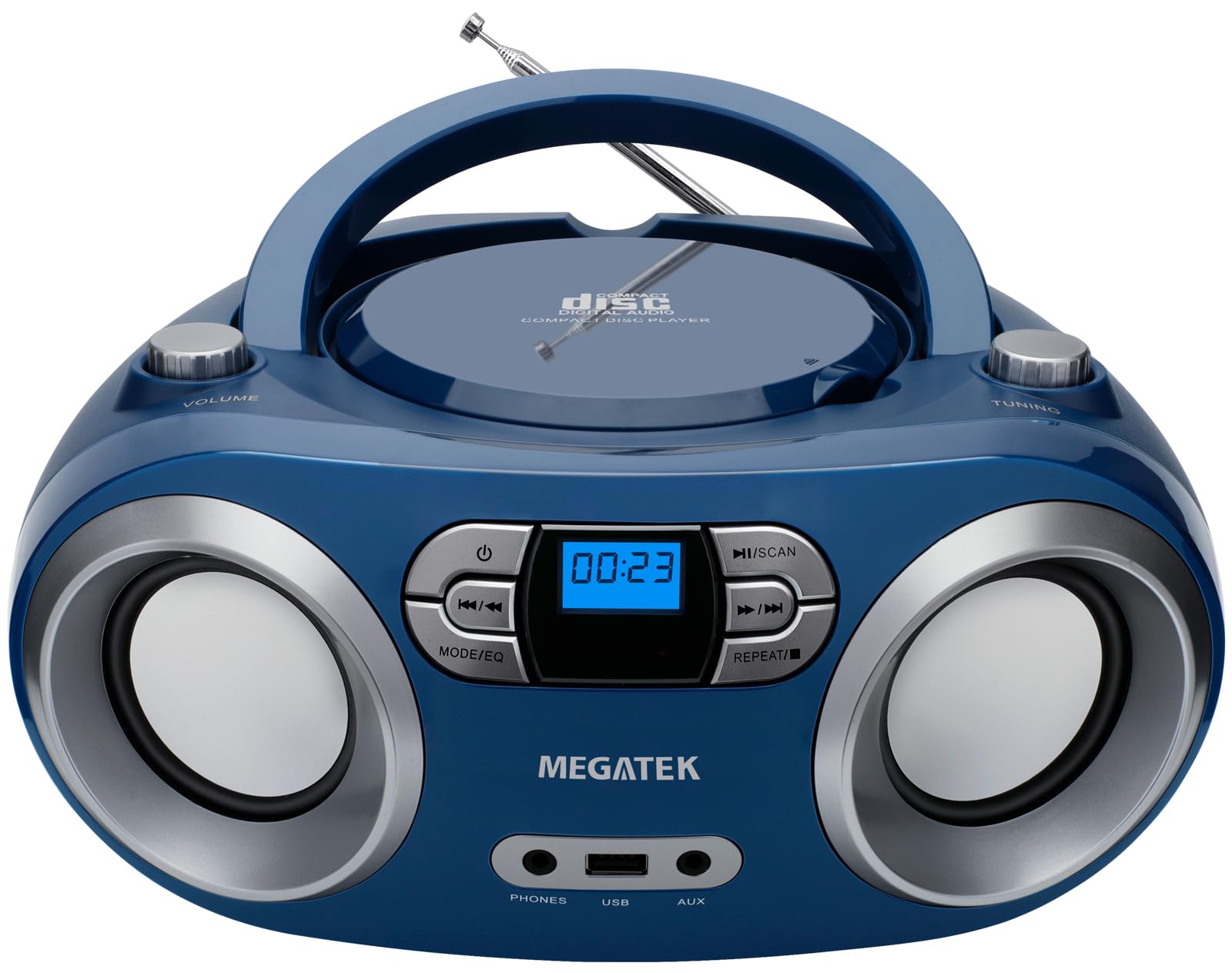 MEGATEK front view showing compact boombox and clear stereo benefit