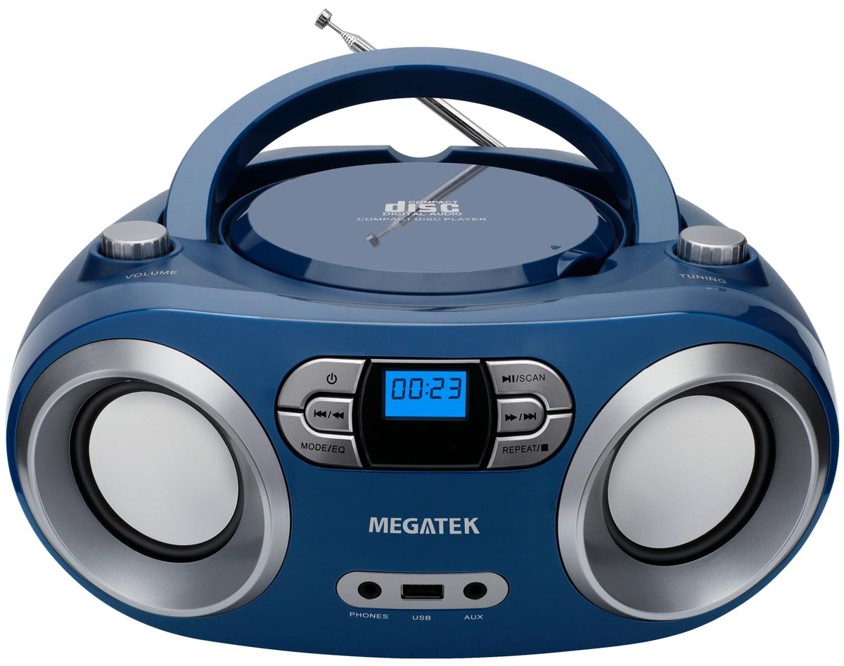 MEGATEK front view showing compact boombox and clear stereo benefit