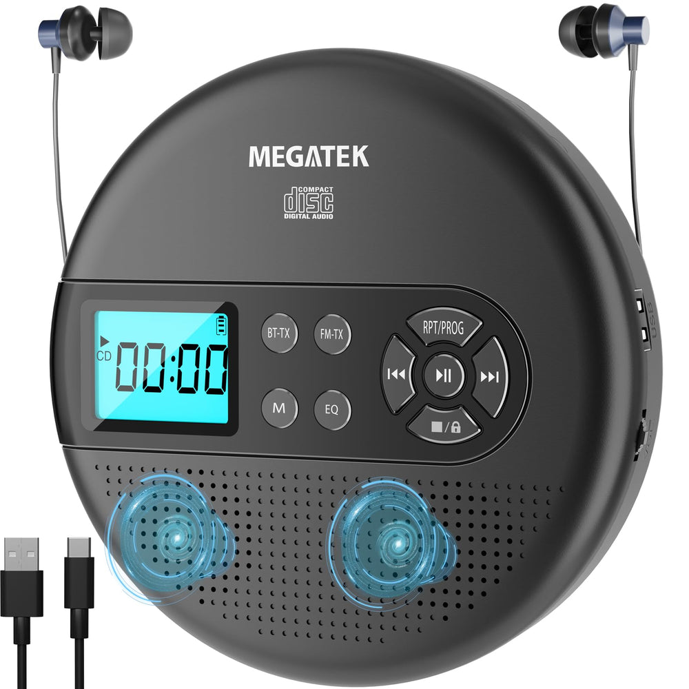 MEGATEK front view showing compact player and clear display for portable convenience