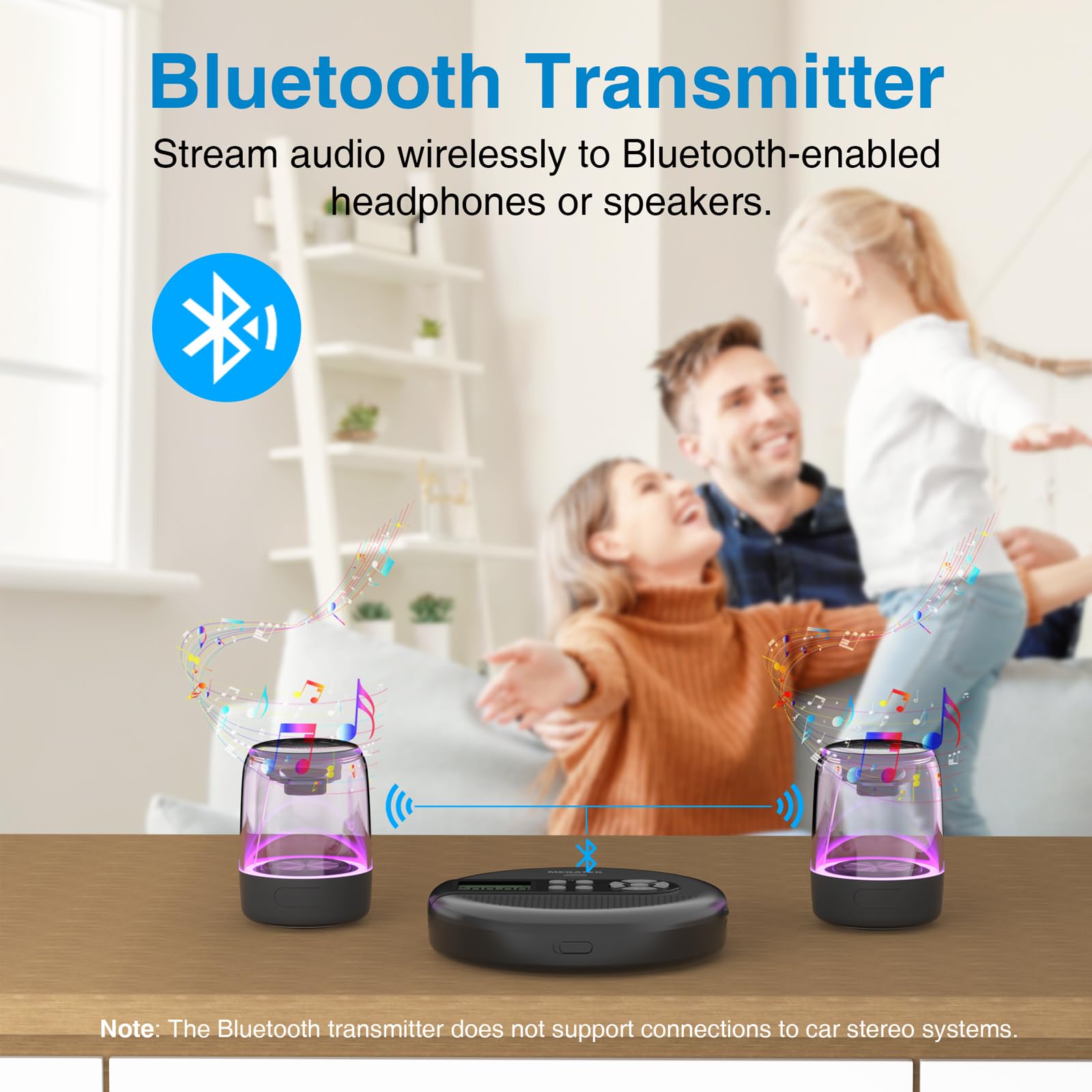MEGATEK broadcasting to car stereo via FM transmitter for hands-free in-car audio