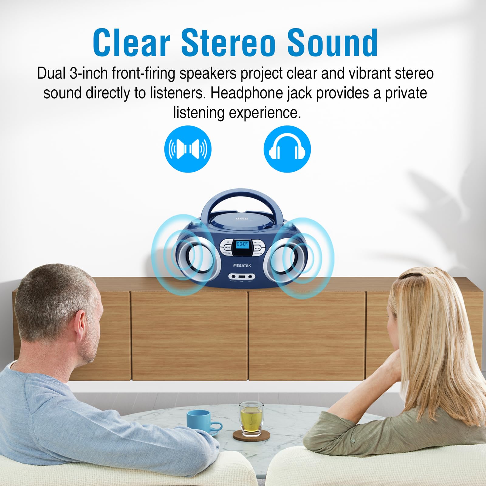 MEGATEK close-up of front-firing speaker delivering crisp stereo sound