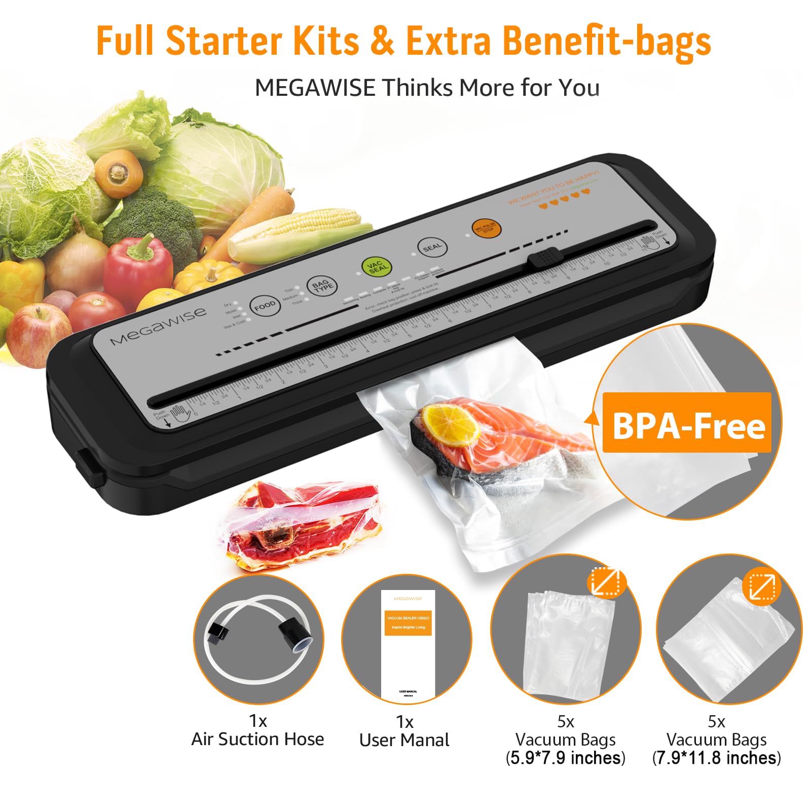 MEGAWISE vacuuming raw steak in bag demonstrating strong suction and freshness hold