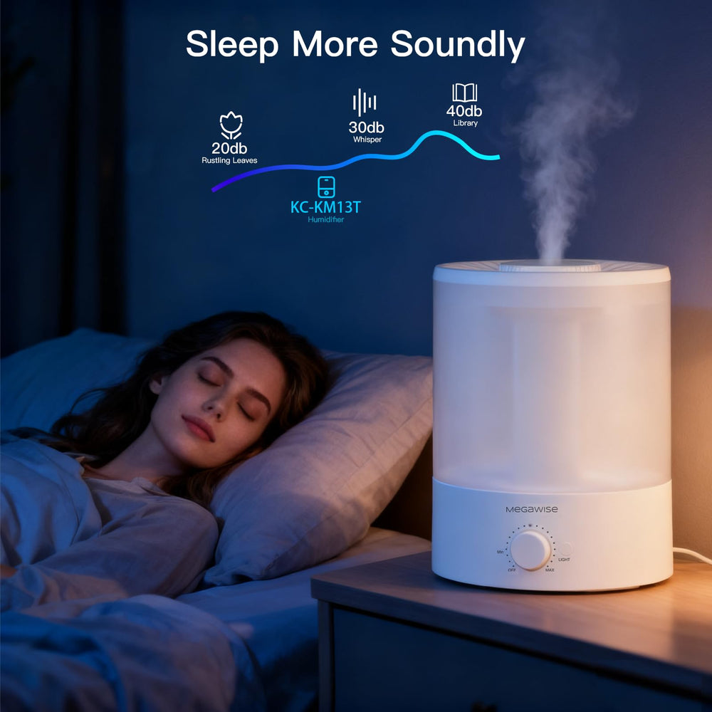 MEGAWISE humidifier in bedroom lifestyle scene improving comfort benefit