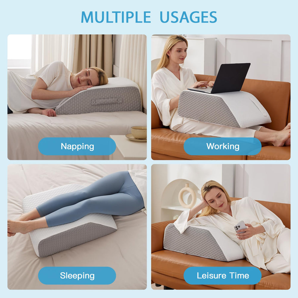 MEGCXIT leg wedge in use on bed elevating knee for restful recovery support
