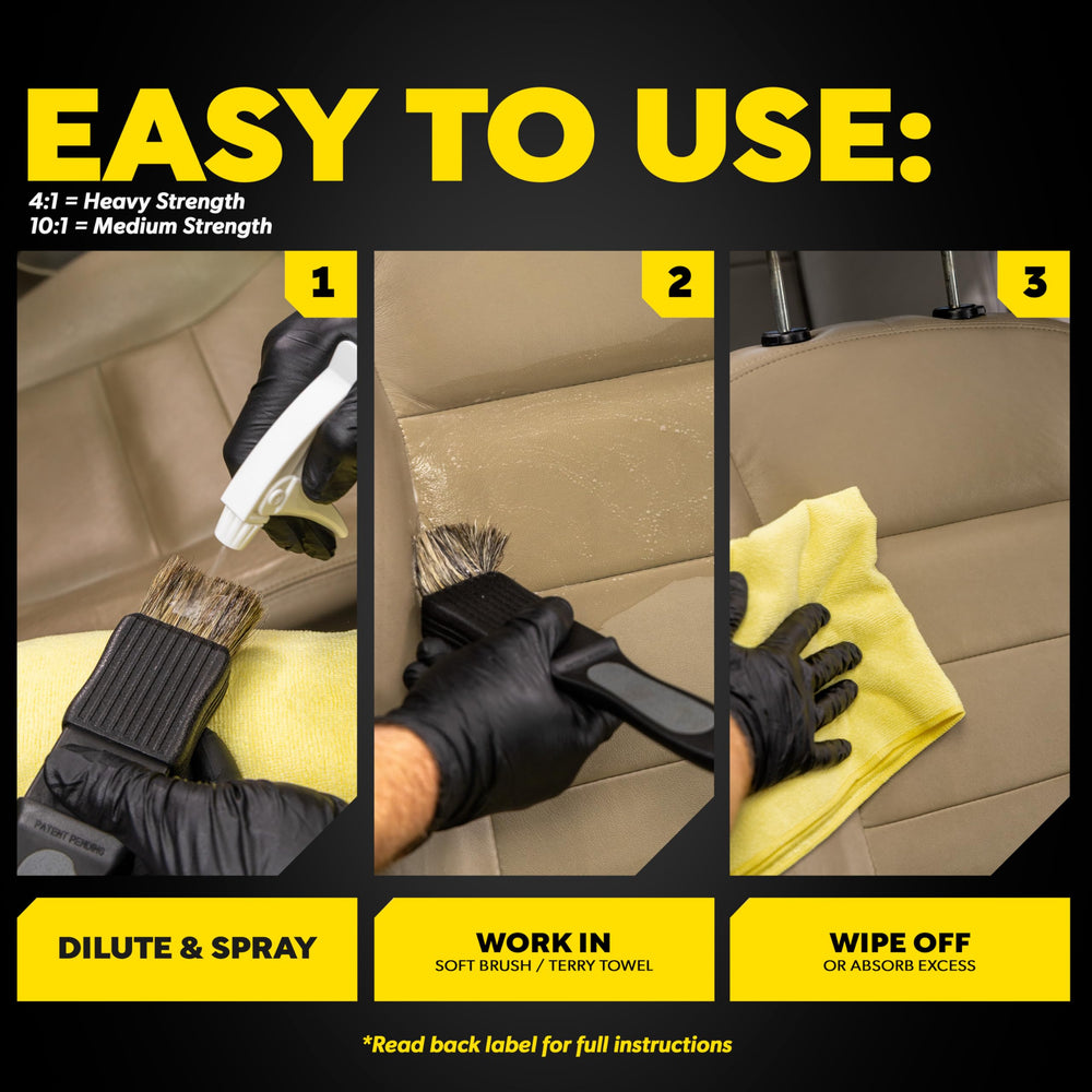 Meguiar's D101 spot-testing leather to ensure safe cleaning and conditioning