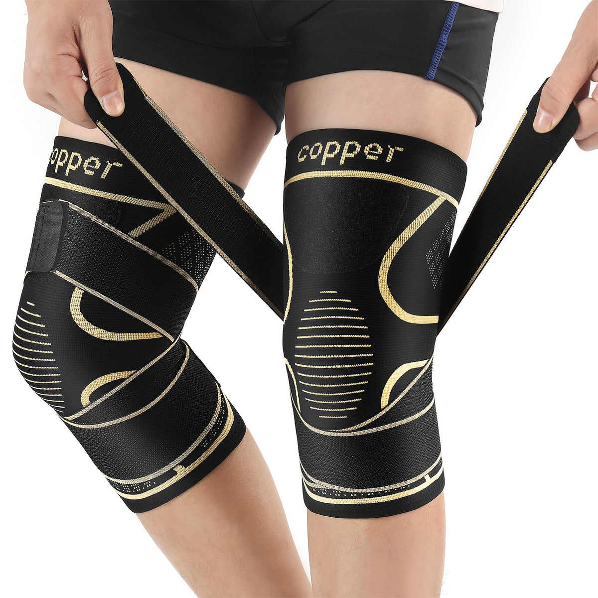 MEIDDANO front view of knee support braces showing snug fit and protection