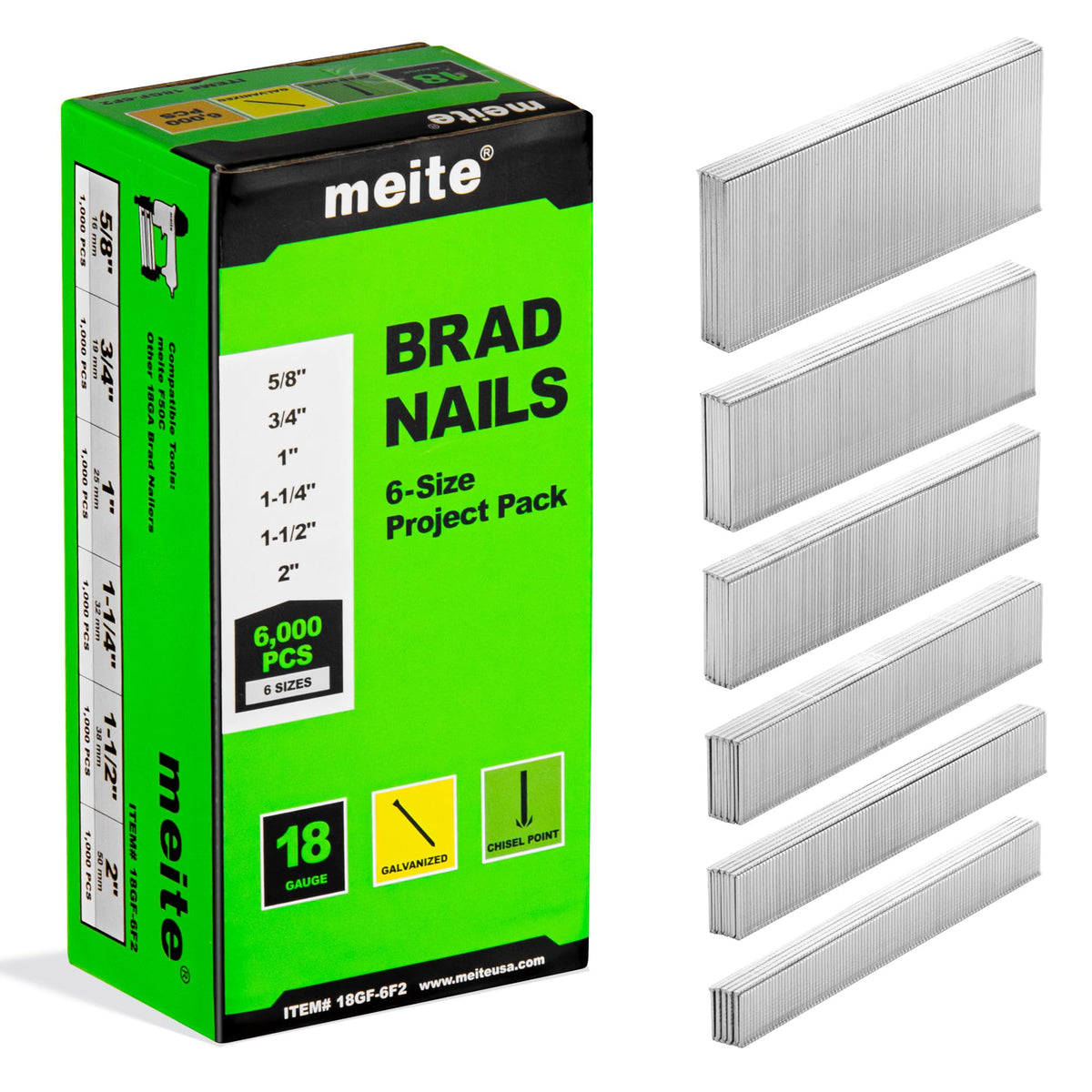 meite front packaging showing 6,000 brad nails for organized storage and quick selection