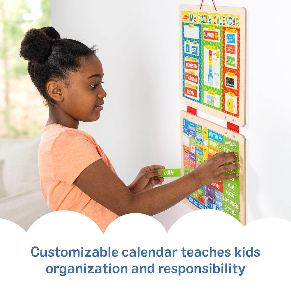 Melissa & Doug calendar beside common objects to show size and scale clarity
