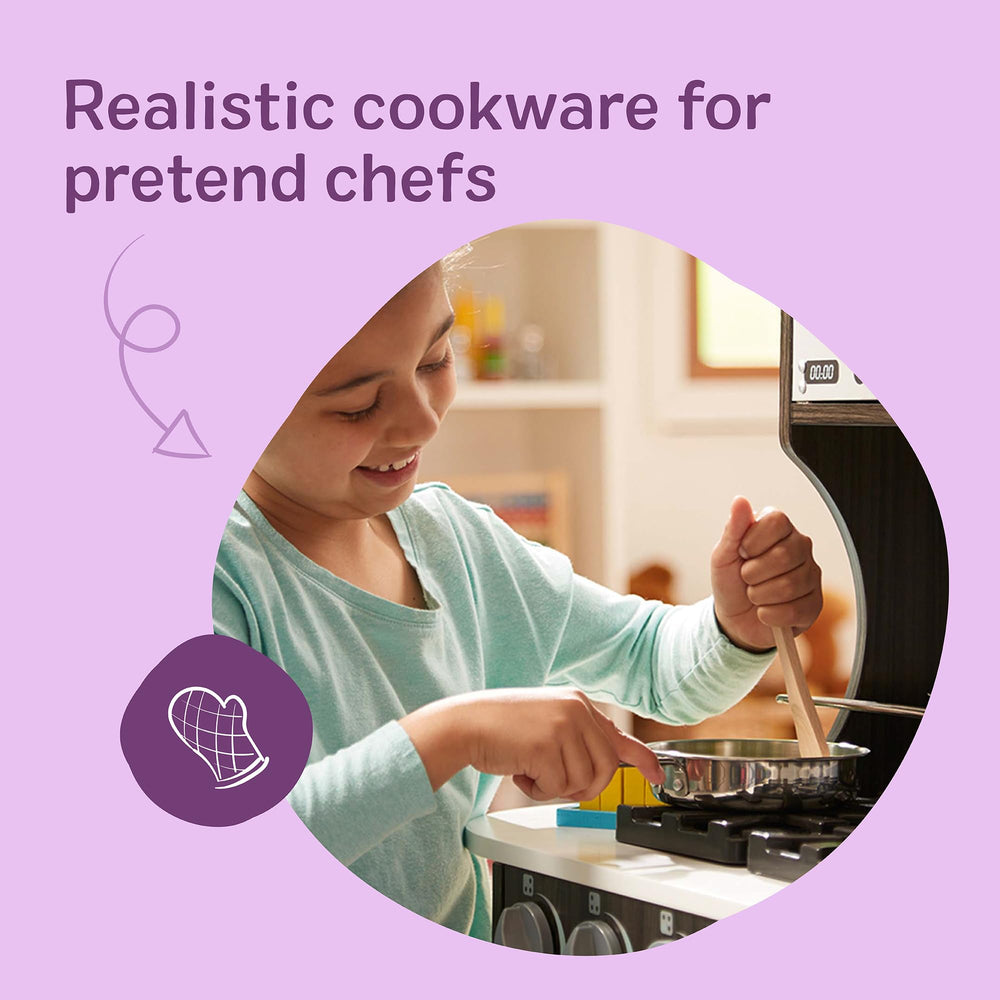 Melissa & Doug stainless steel pots and pans close-up highlighting durability