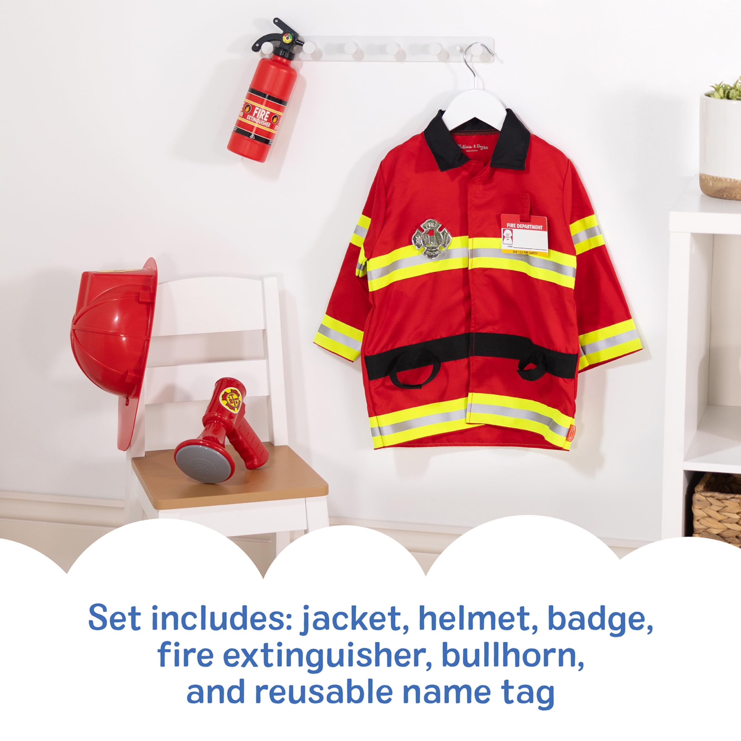 Melissa & Doug toy extinguisher and bullhorn together for realistic pretend play