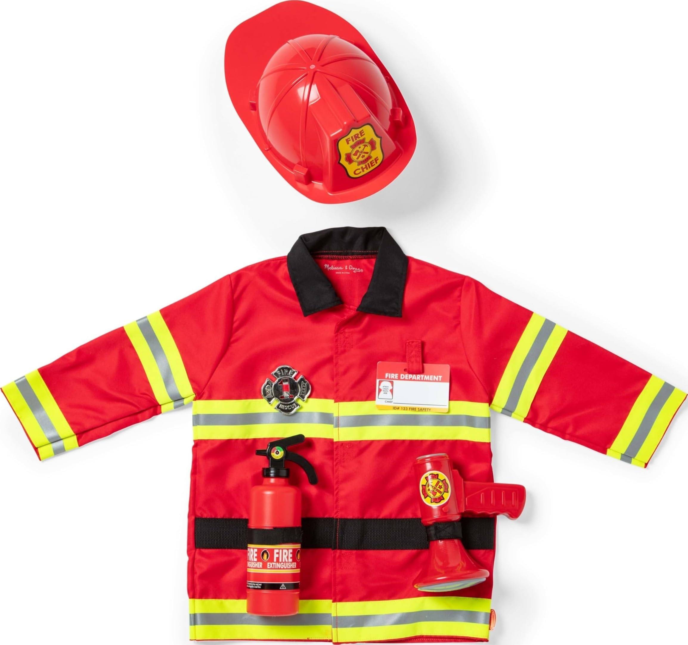 Melissa & Doug front view of full fire chief set showing authentic play benefit