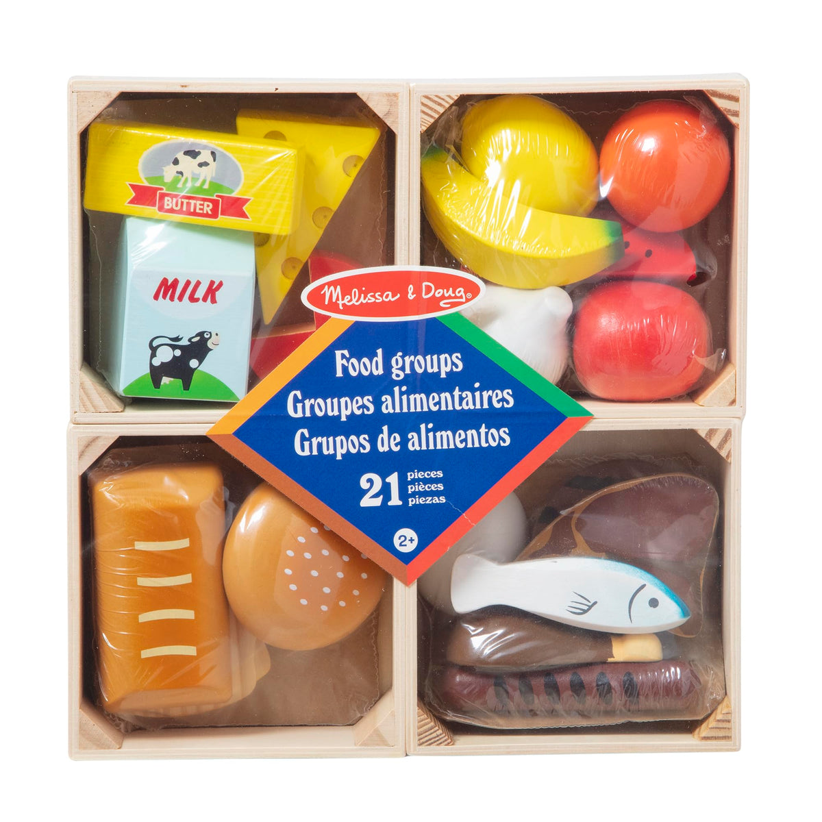 Melissa & Doug front packaging showing 21-piece food groups set and benefits