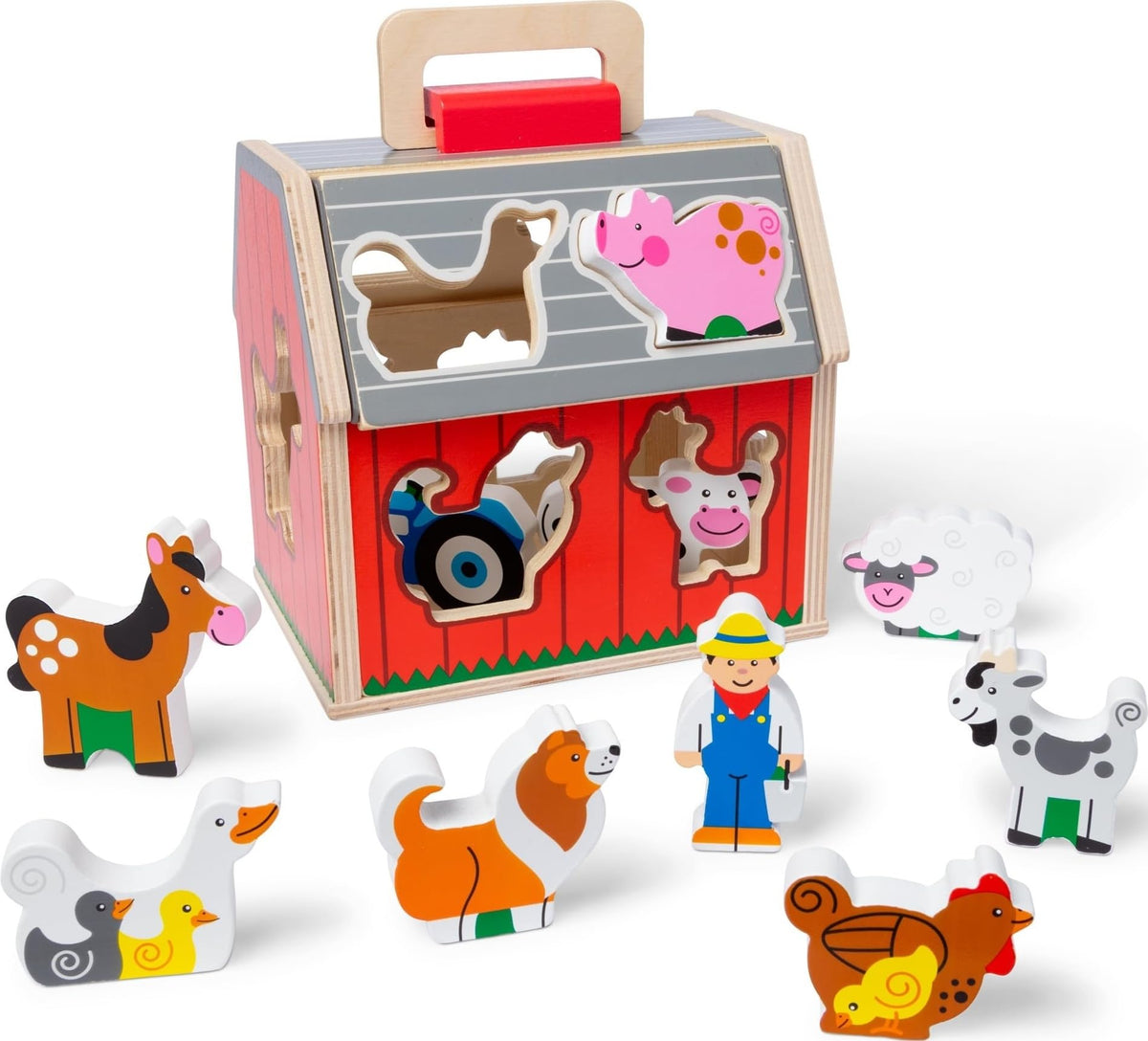 Melissa & Doug front view of portable barn showing slots and colorful animals, encourages sorting
