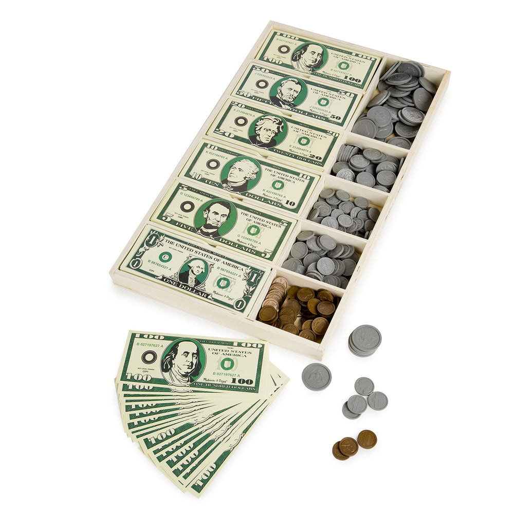 Melissa & Doug plastic coins arranged by denomination to teach sorting