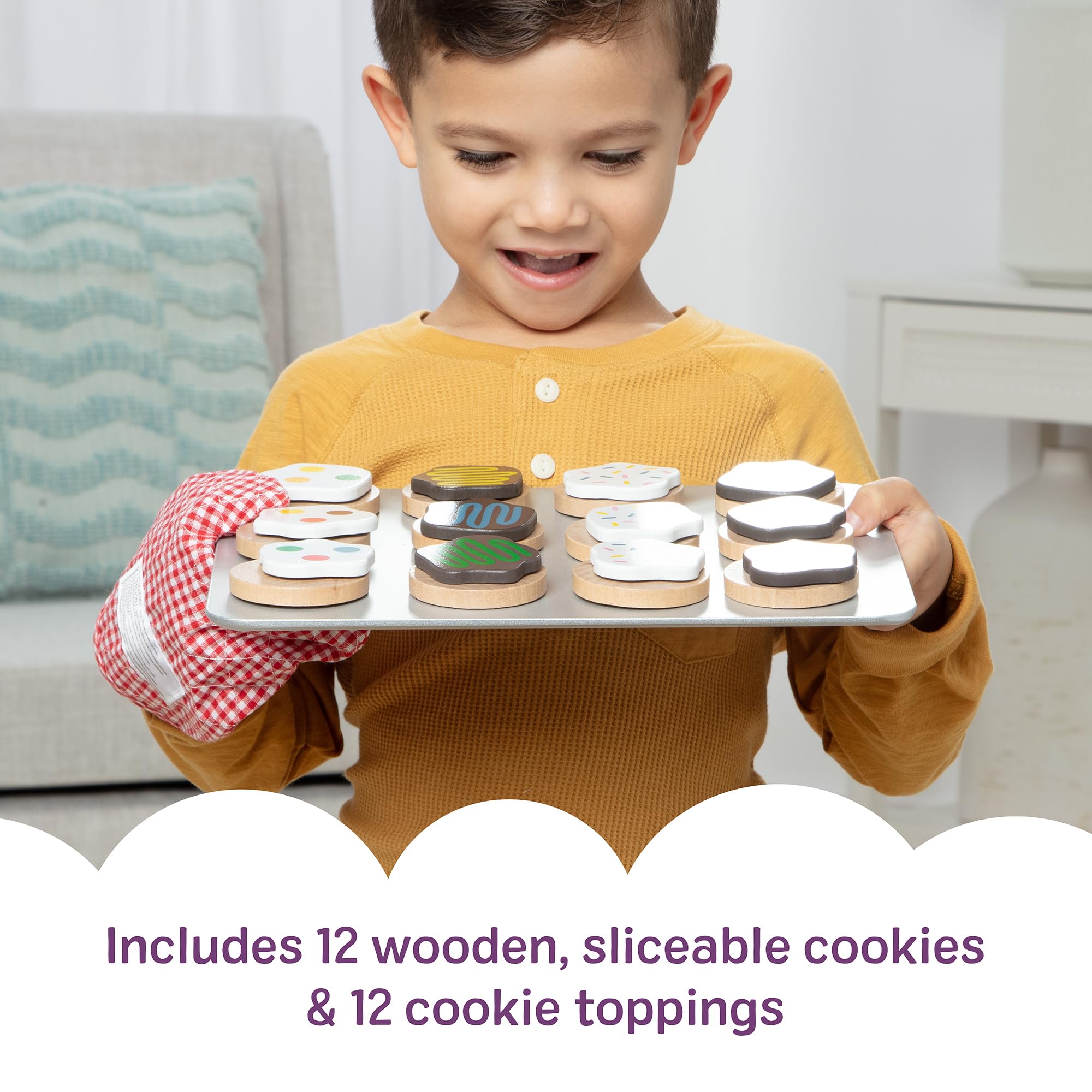 Melissa & Doug wooden spatula, knife, and oven mitt ready for pretend baking