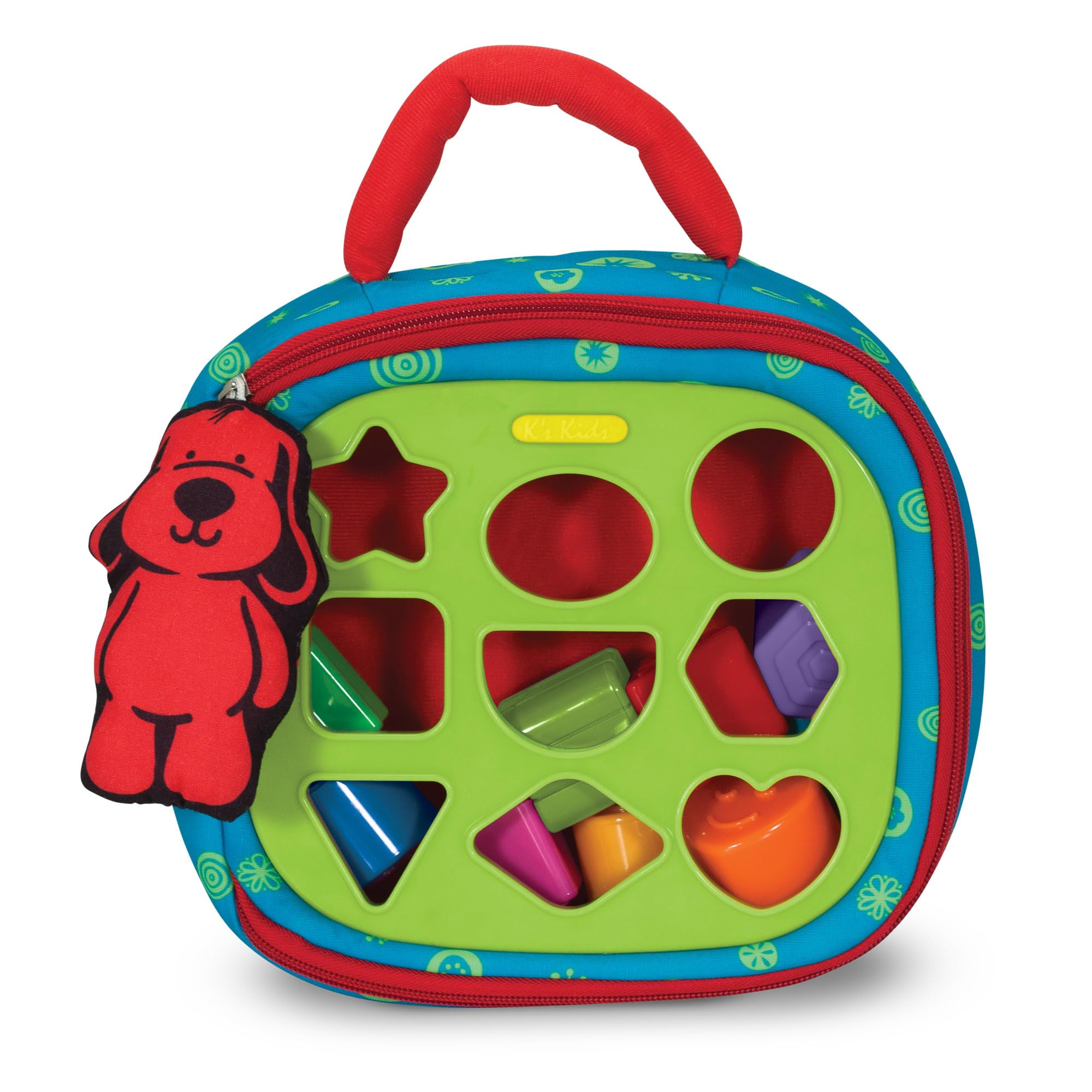 Melissa & Doug front view of soft take-along sorter showing colorful openings and handle, promotes portable learning