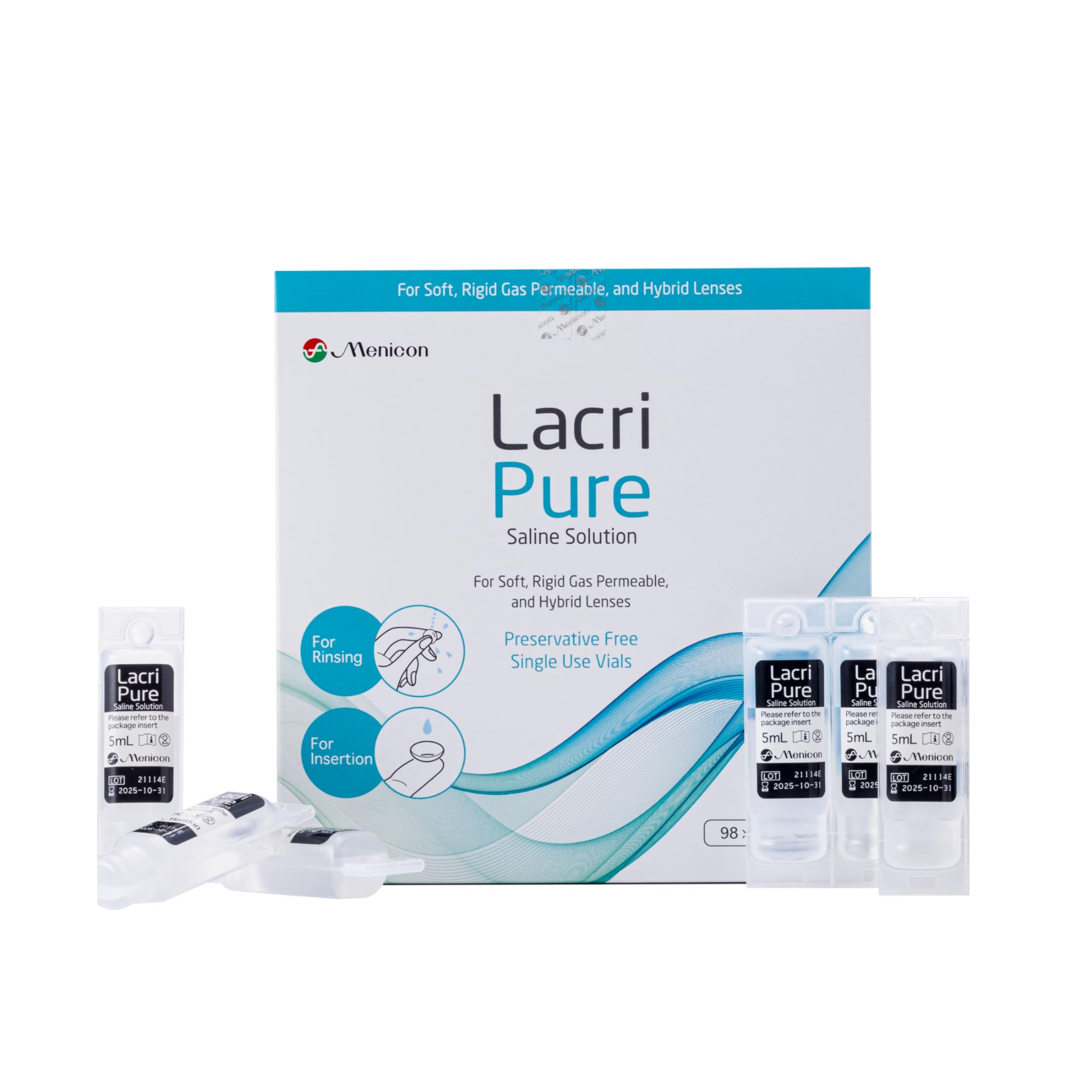 Menicon LacriPure front packaging showing 98 vials and brand for clear supply information