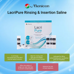 Close-up of a single 5ml Menicon LacriPure vial emphasizing sterile single-use convenience