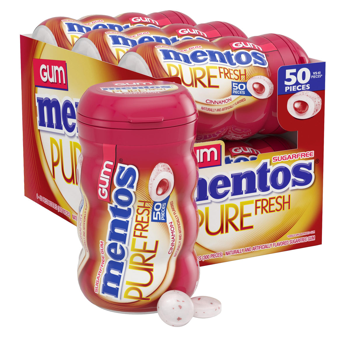 Mentos cinnamon bottle front showing label and resealable cap for convenience