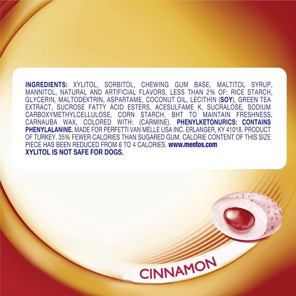 opened Mentos cinnamon bottle with visible gum pieces emphasizing resealable freshness