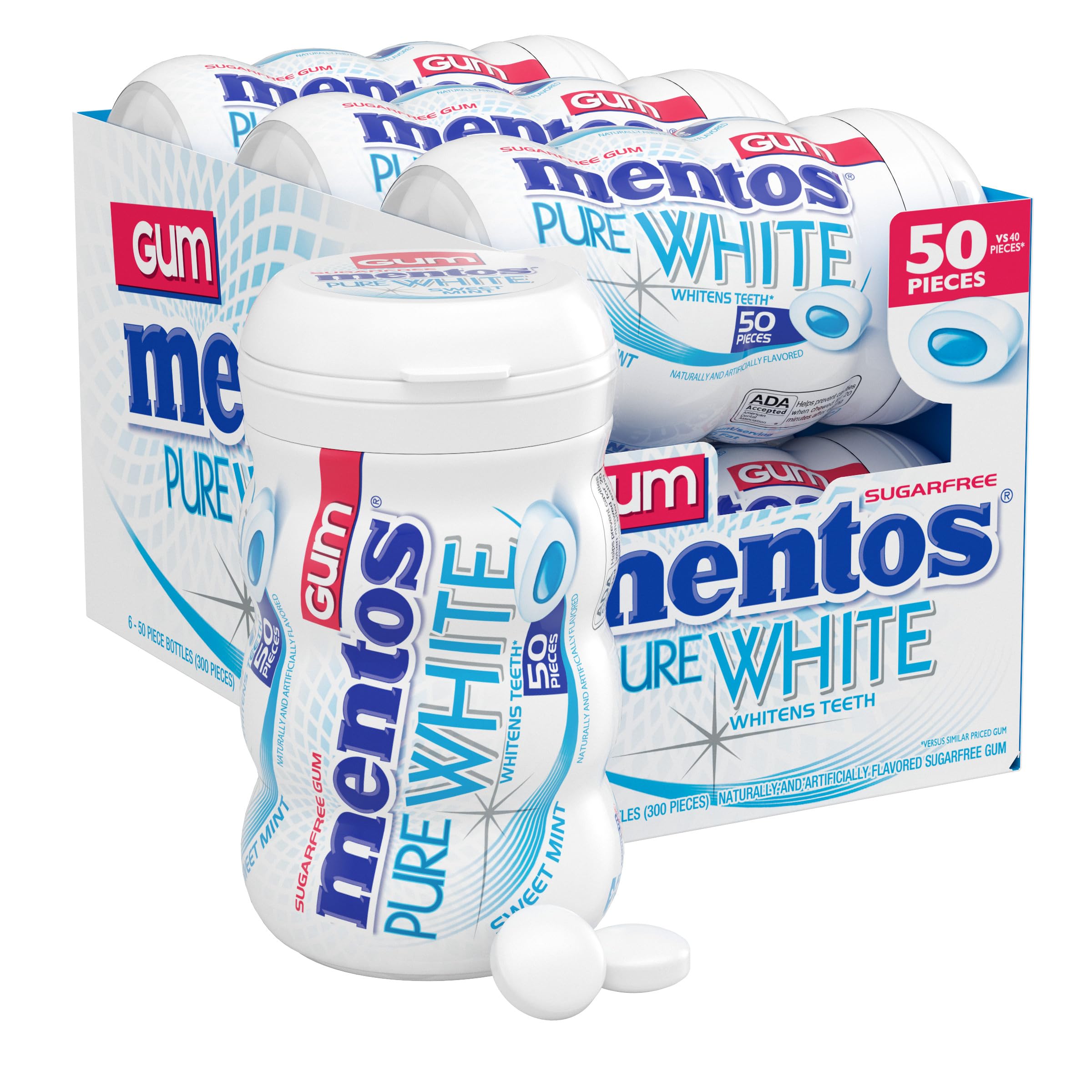 MENTOS bottle front view showing Sweet Mint branding and resealable cap benefit
