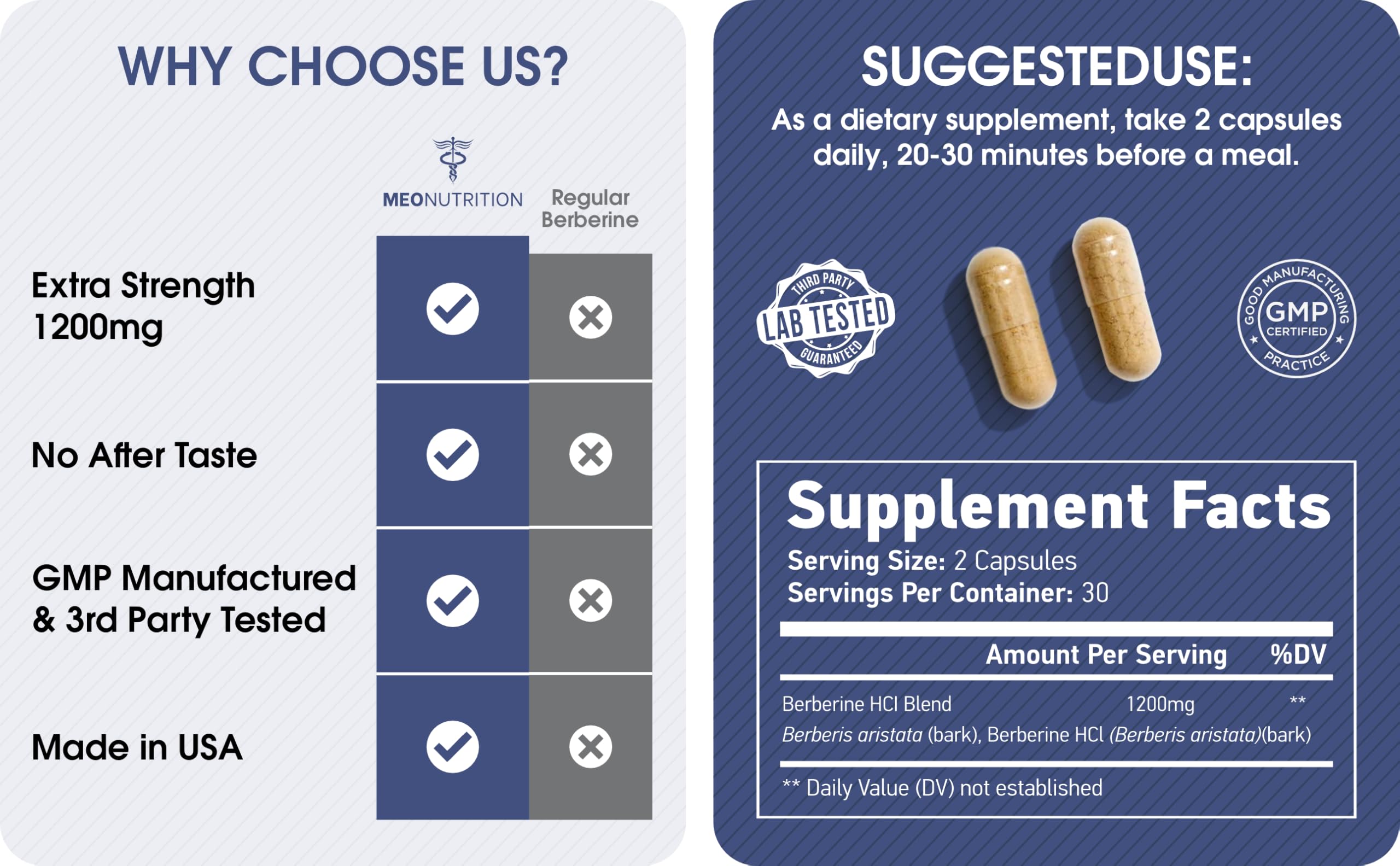 Meo Nutrition close-up of vegan berberine capsules highlighting easy-to-swallow texture