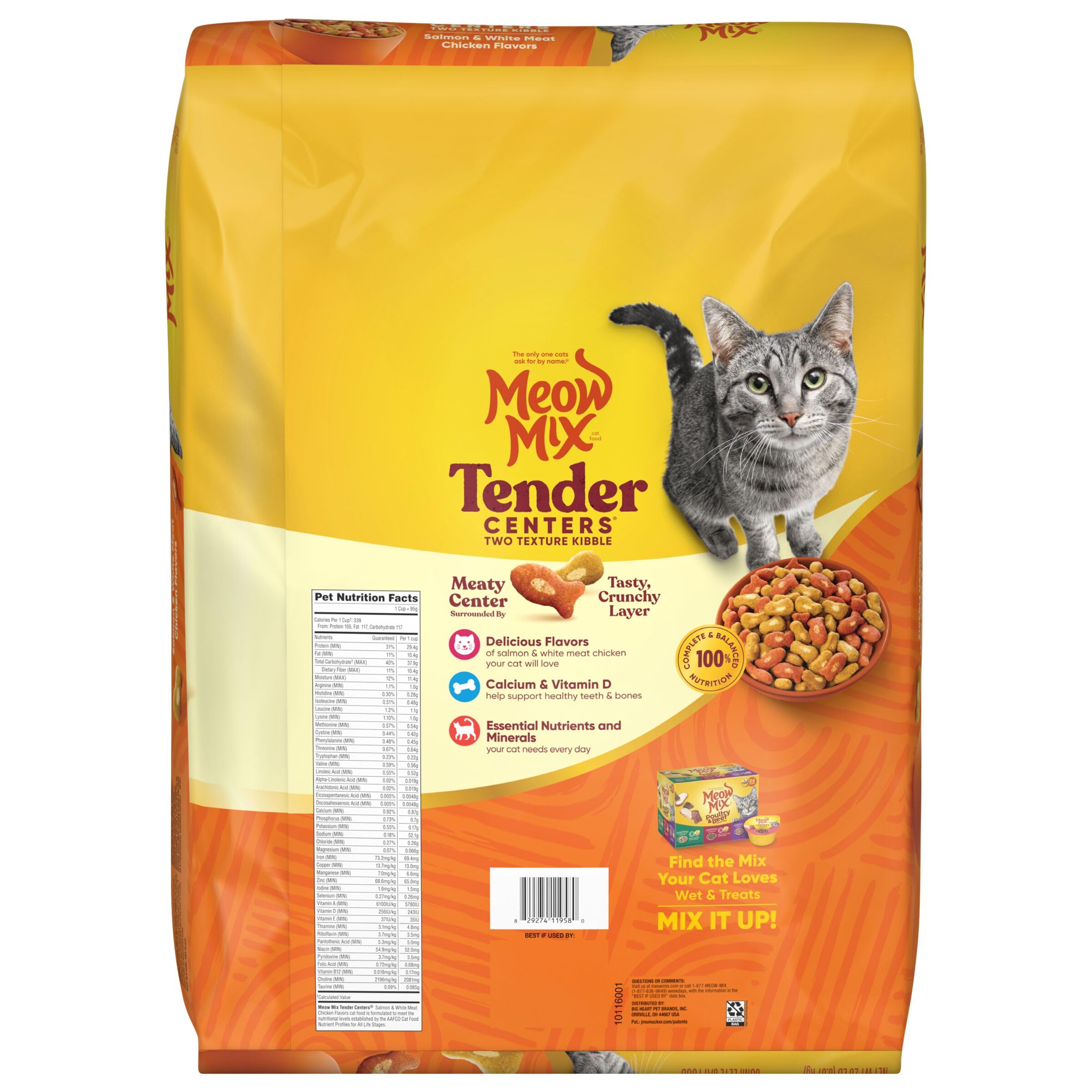 Meow Mix 20 lb bag on store shelf demonstrating purchase-ready packaging