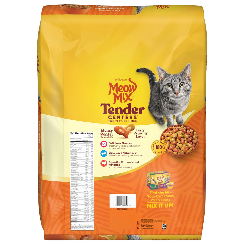Meow Mix 20 lb bag on store shelf demonstrating purchase-ready packaging