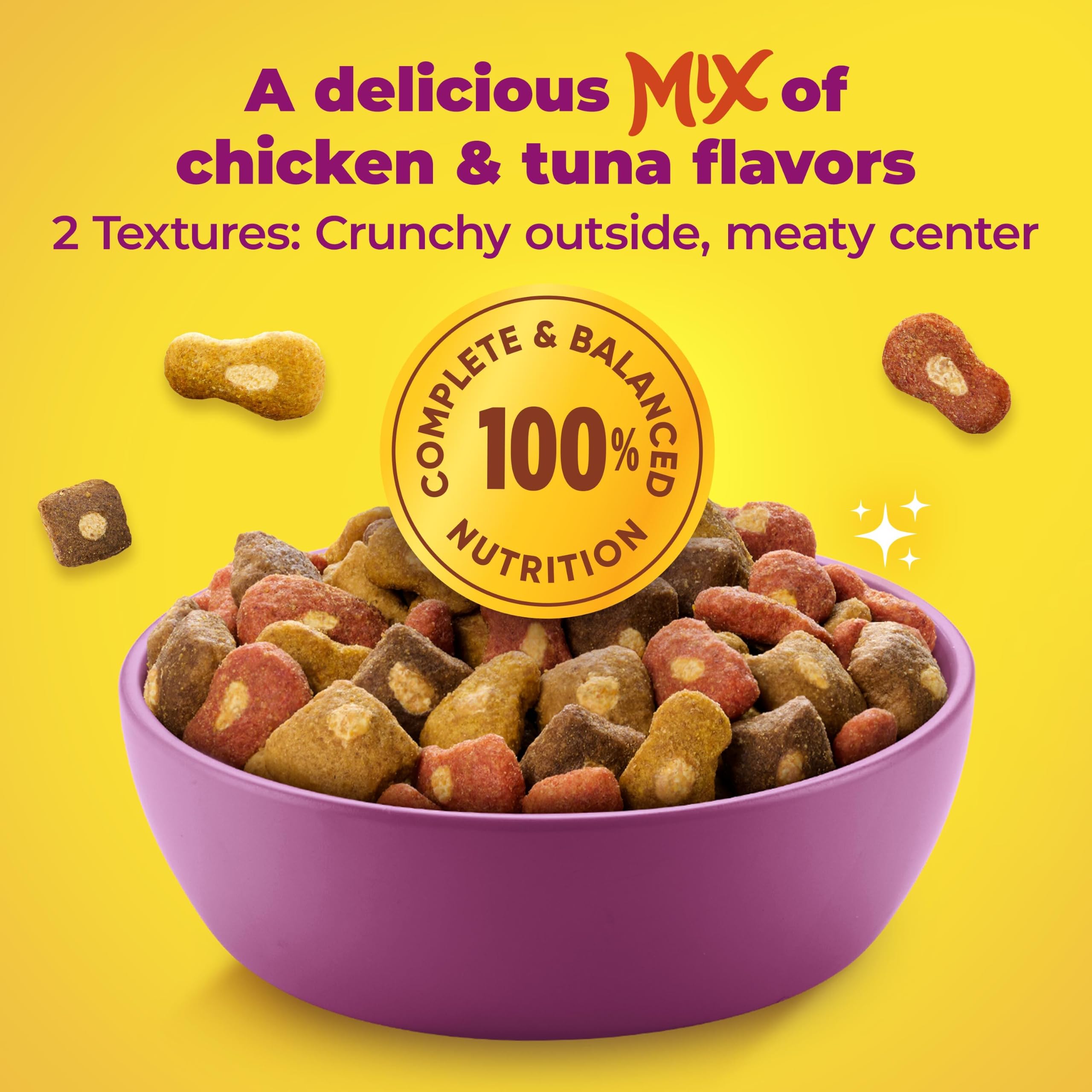 Back of bag label showing Meow Mix nutrition facts and ingredient list