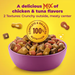 Back of bag label showing Meow Mix nutrition facts and ingredient list