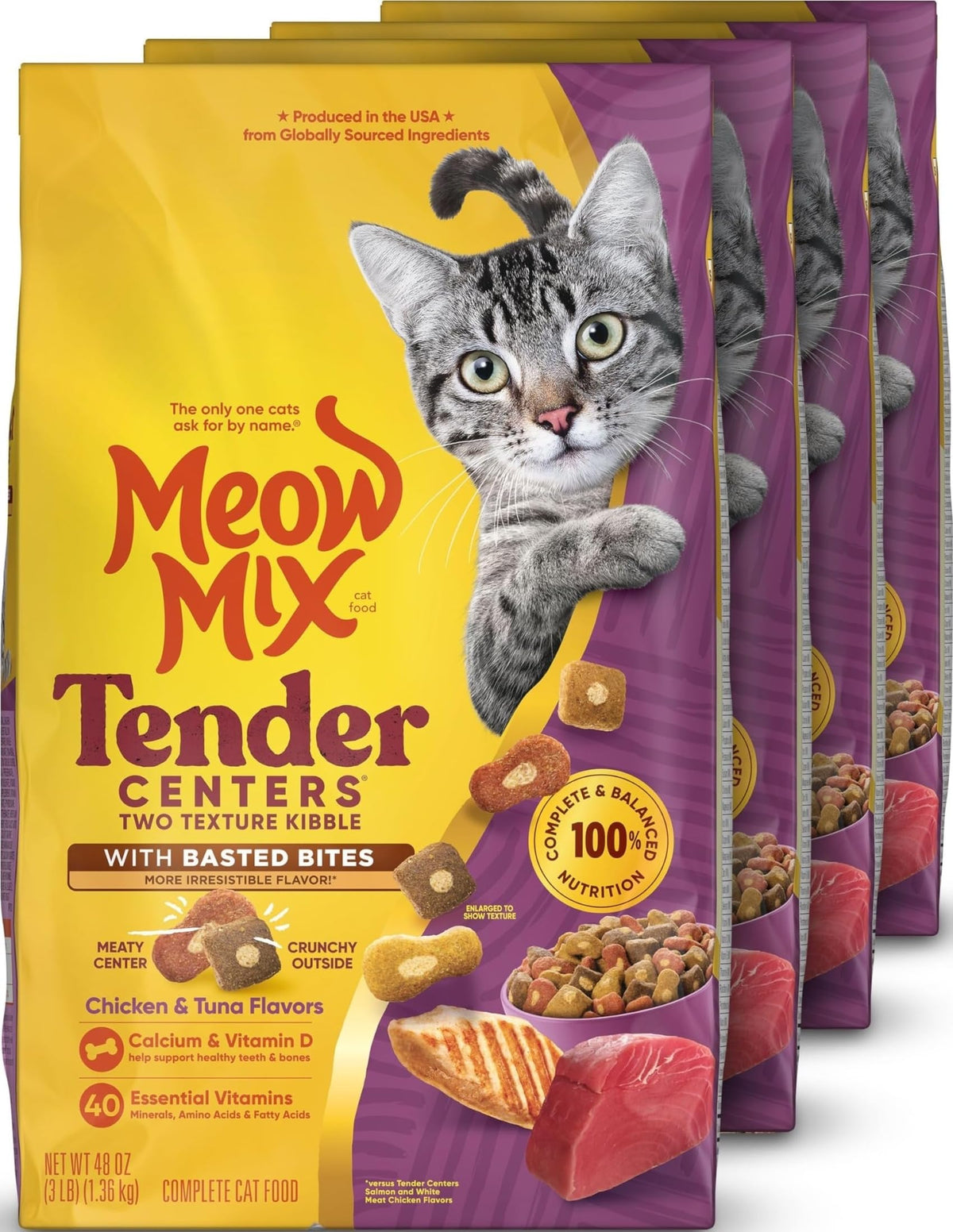 Meow Mix front packaging showing chicken and tuna flavors and benefits