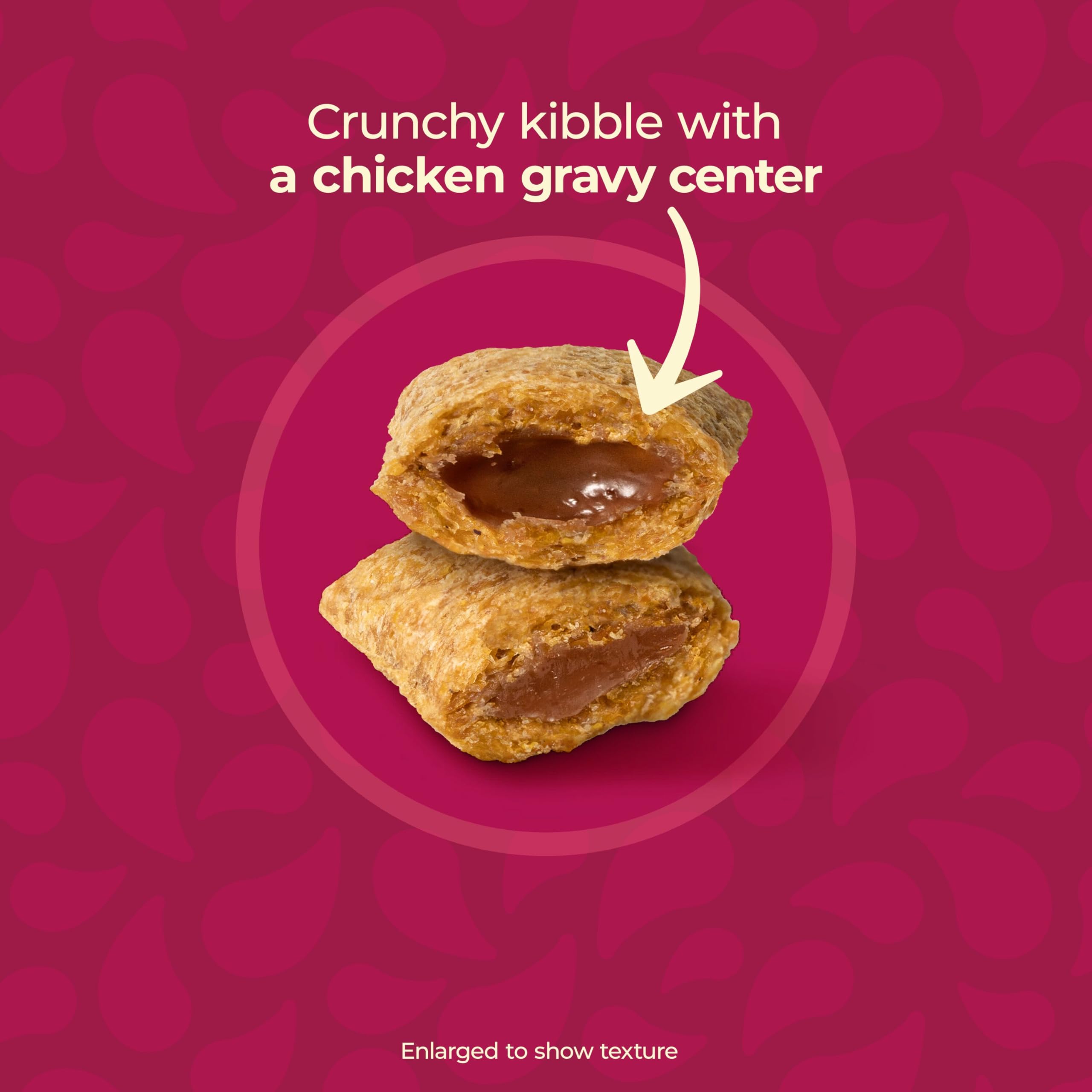 Meow Mix gravy pocket macro showing savory centers benefit