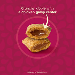 Meow Mix gravy pocket macro showing savory centers benefit