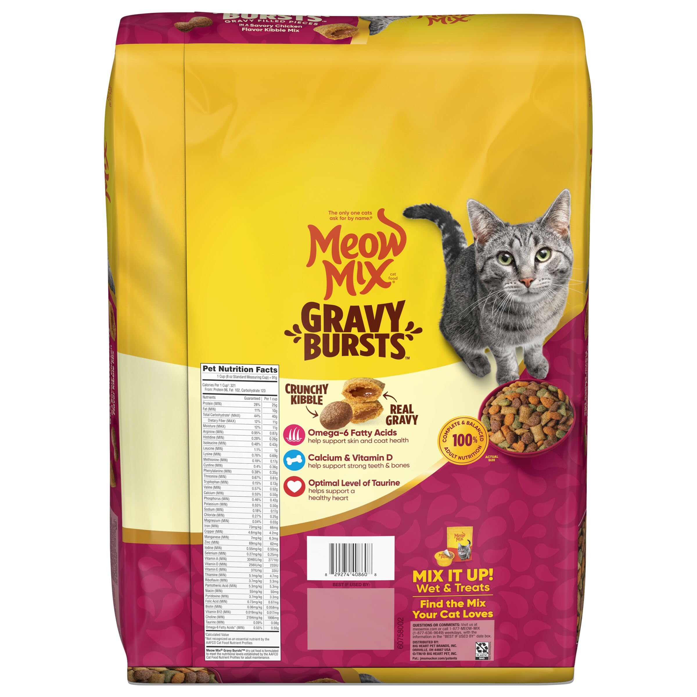 Meow Mix bag with scoop showing easy storage and portioning