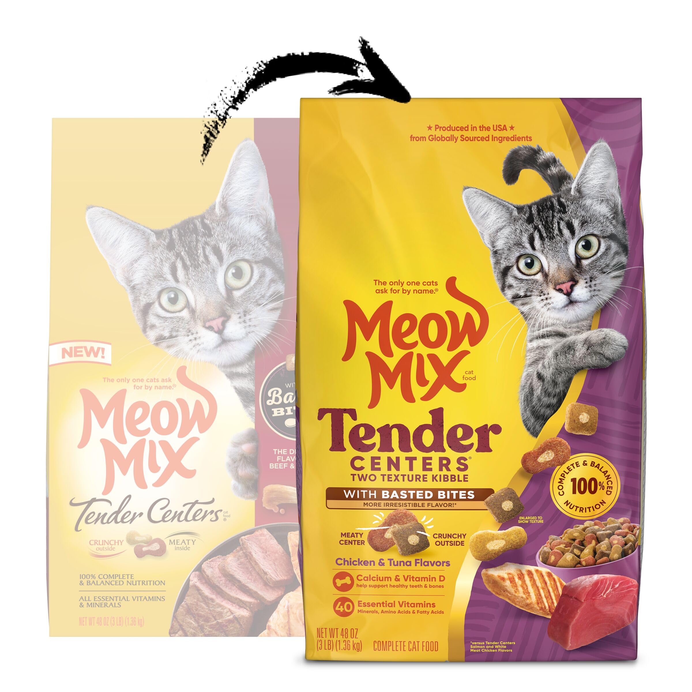 Close-up of Meow Mix kibble texture showing tender centers and crunch