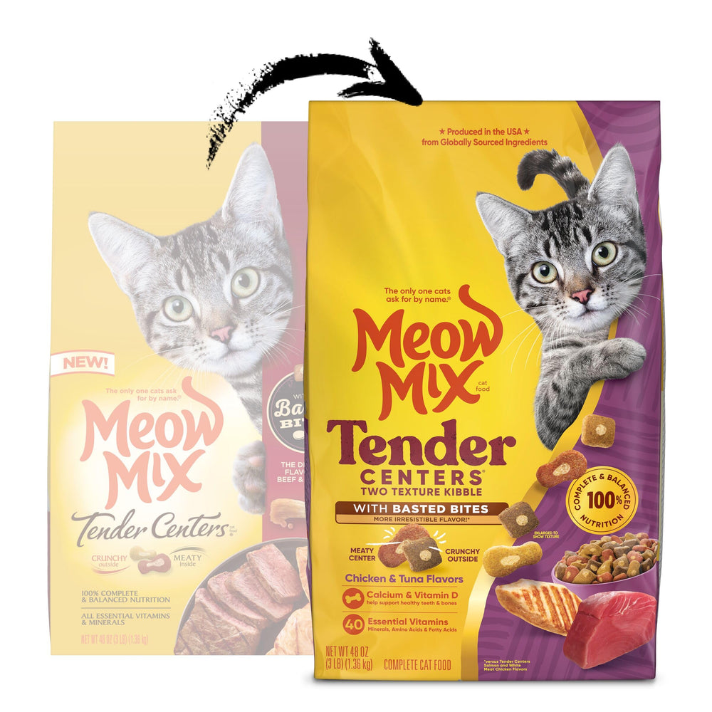 Close-up of Meow Mix kibble texture showing tender centers and crunch