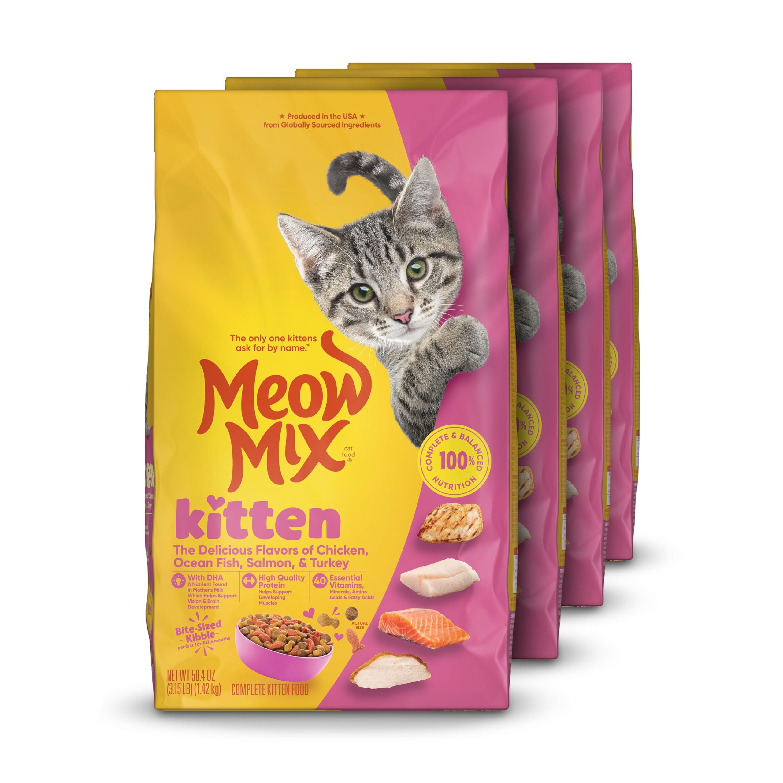 Meow Mix front packaging showing kit-style bag and benefits