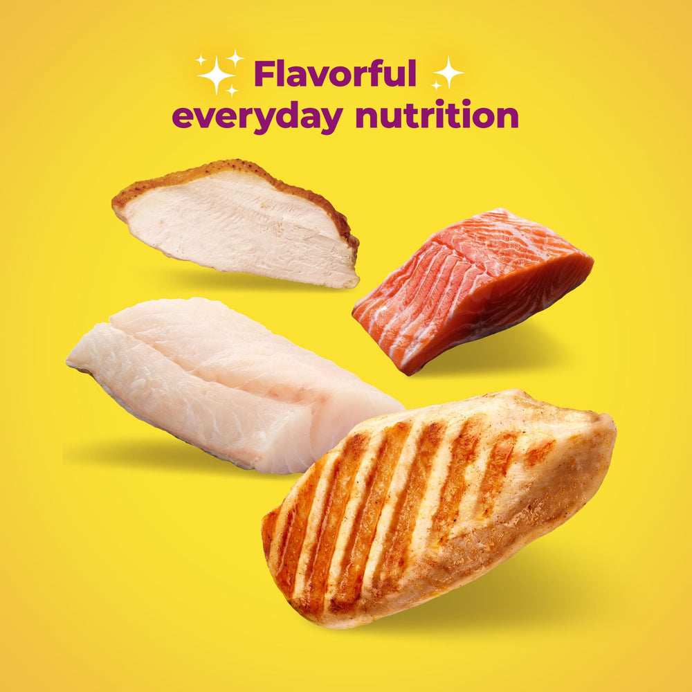 Meow Mix nutrition label close-up showing DHA and balanced nutrients