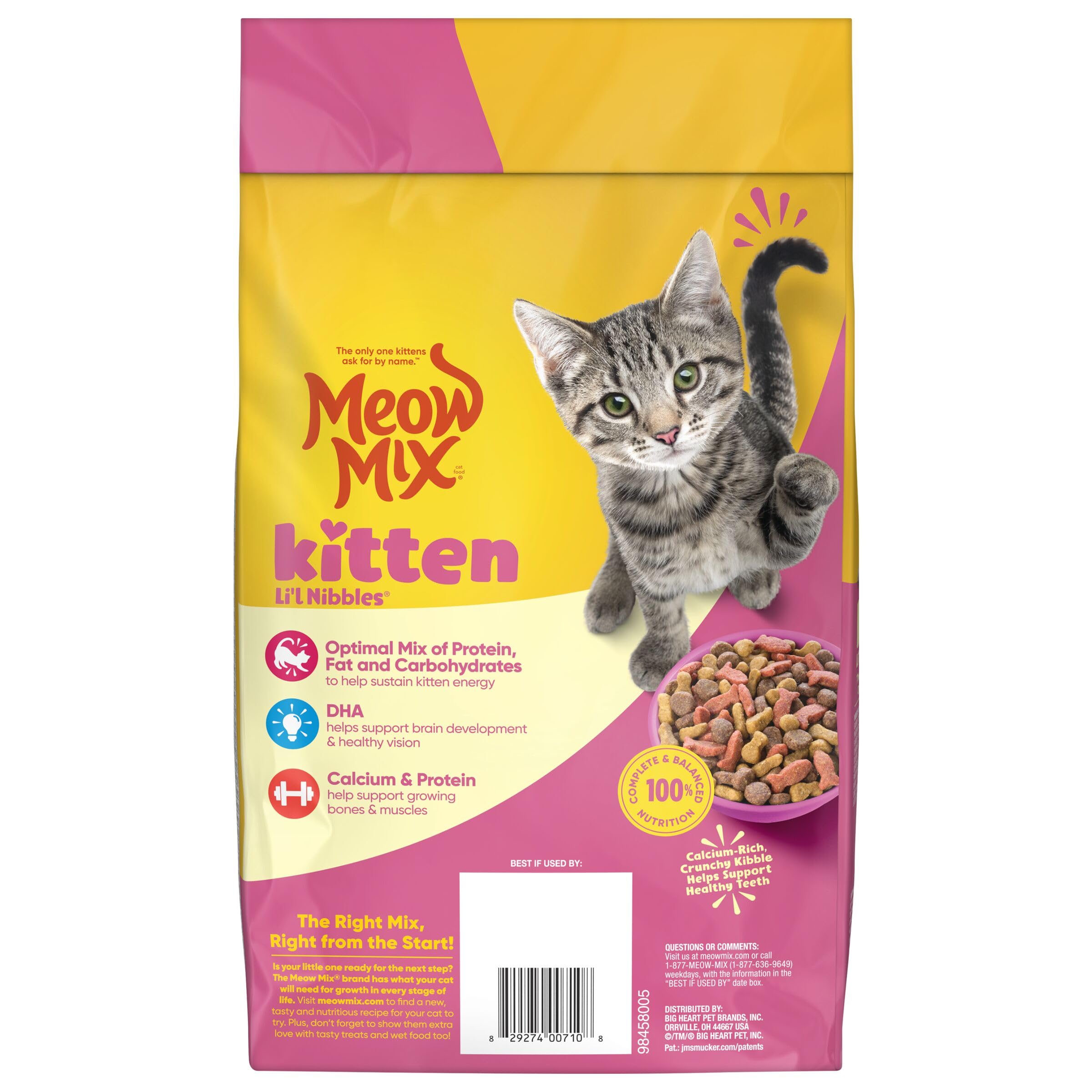 Four Meow Mix bags stacked to display convenience and bulk savings