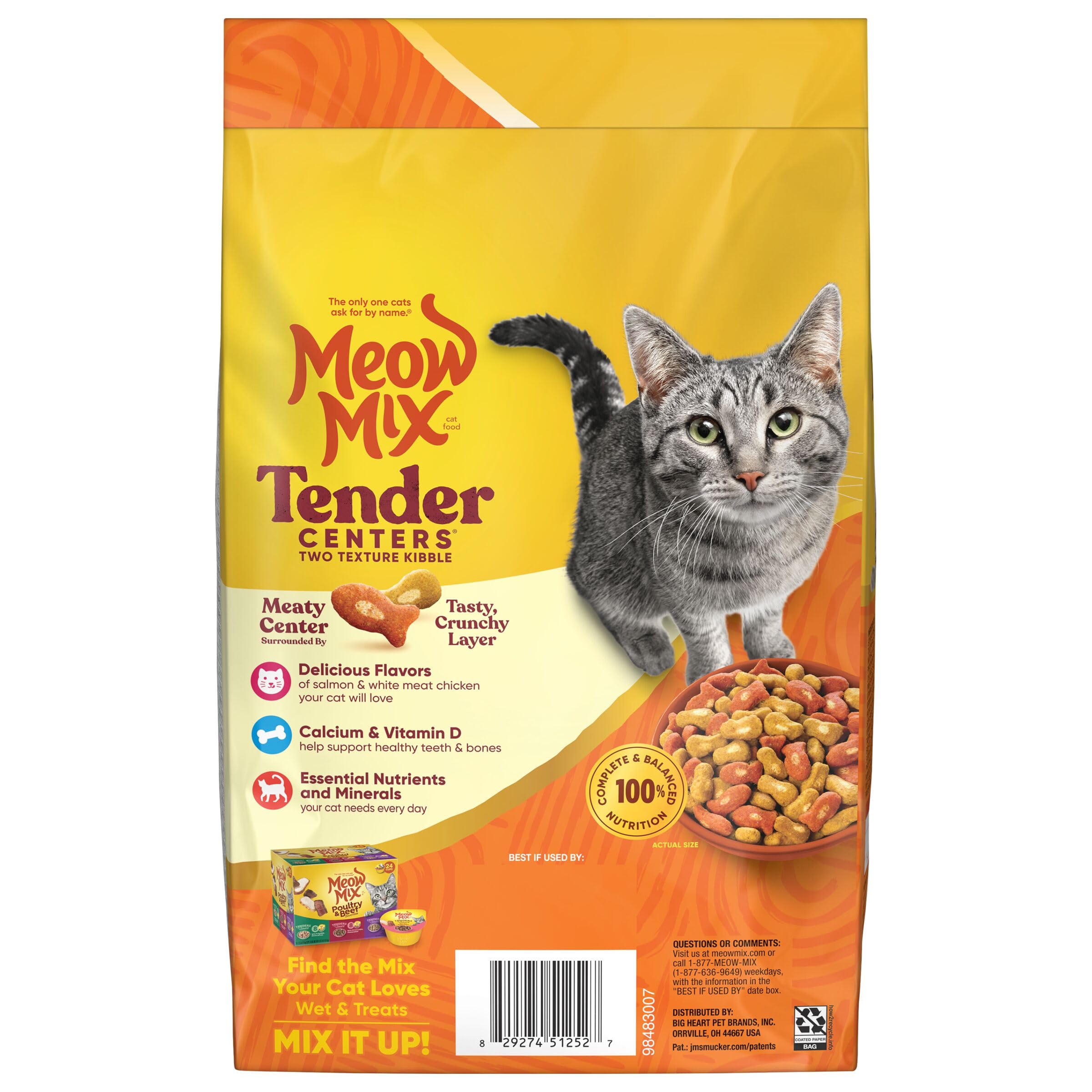 Meow Mix four bags stacked illustrating multi-pack convenience for households