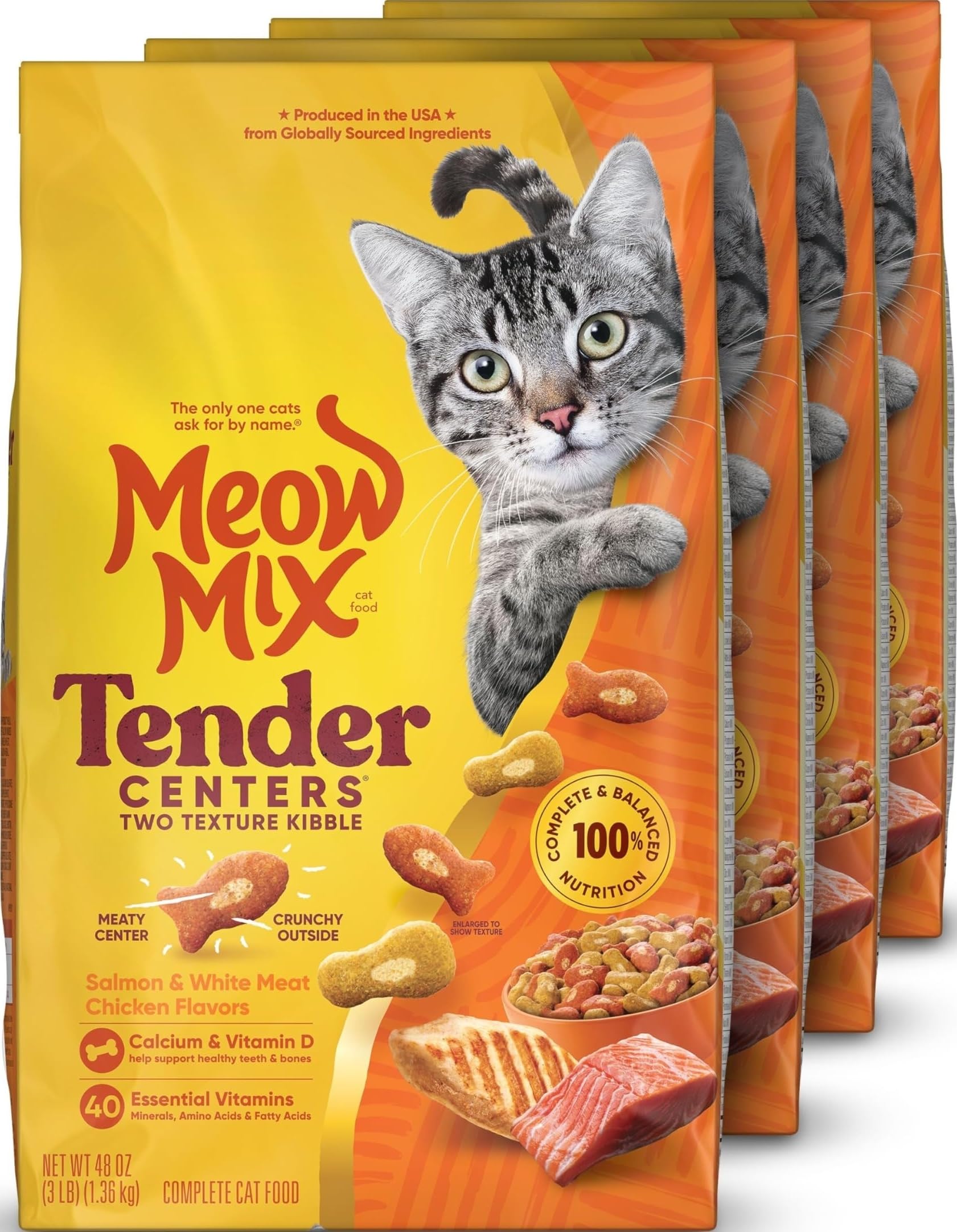 Meow Mix front packaging showing product name and four-bag bundle benefit