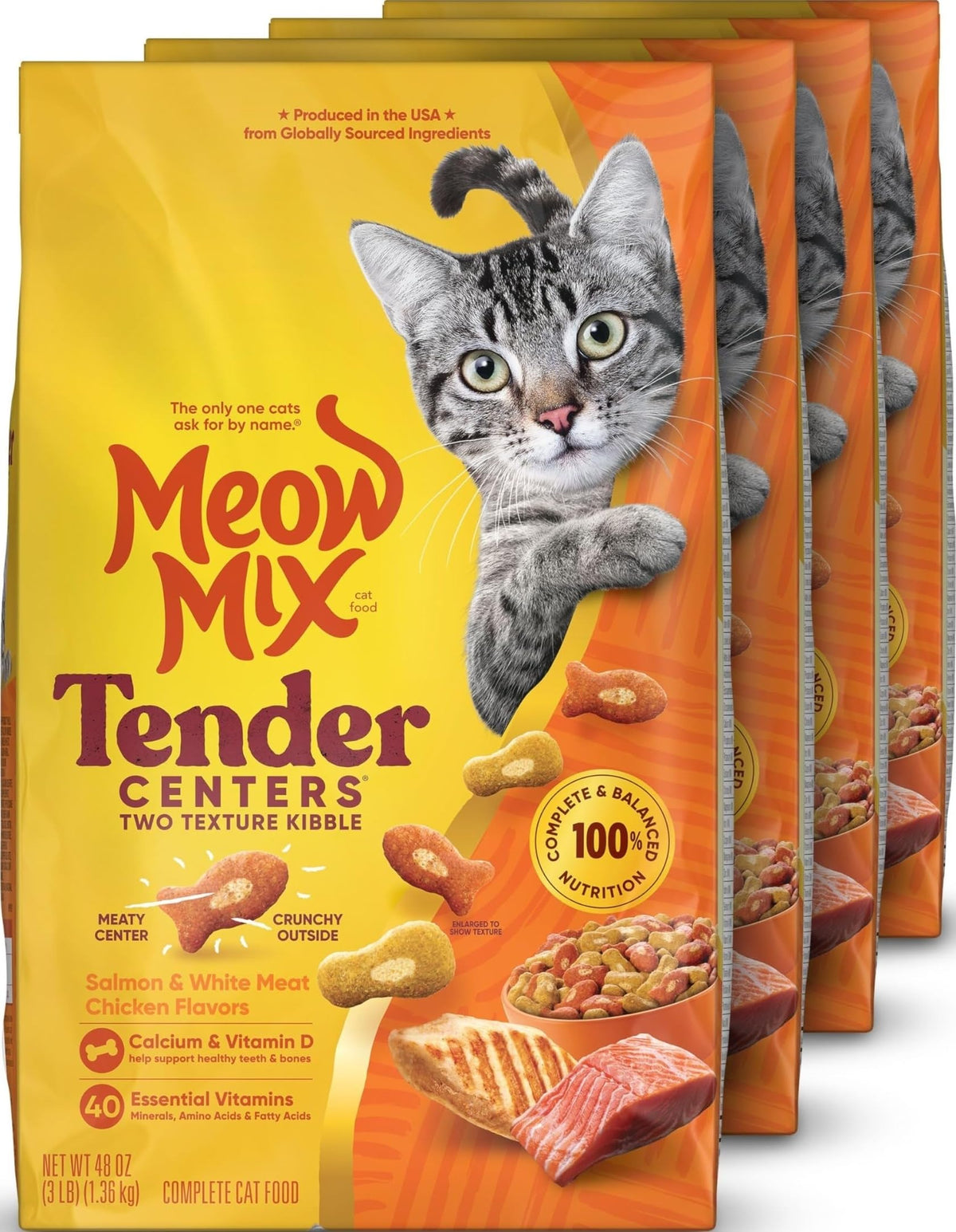 Meow Mix front packaging showing product name and four-bag bundle benefit