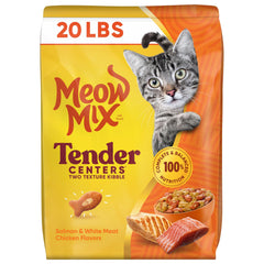Meow Mix front packaging shows 20 lb bag and flavors, highlights value