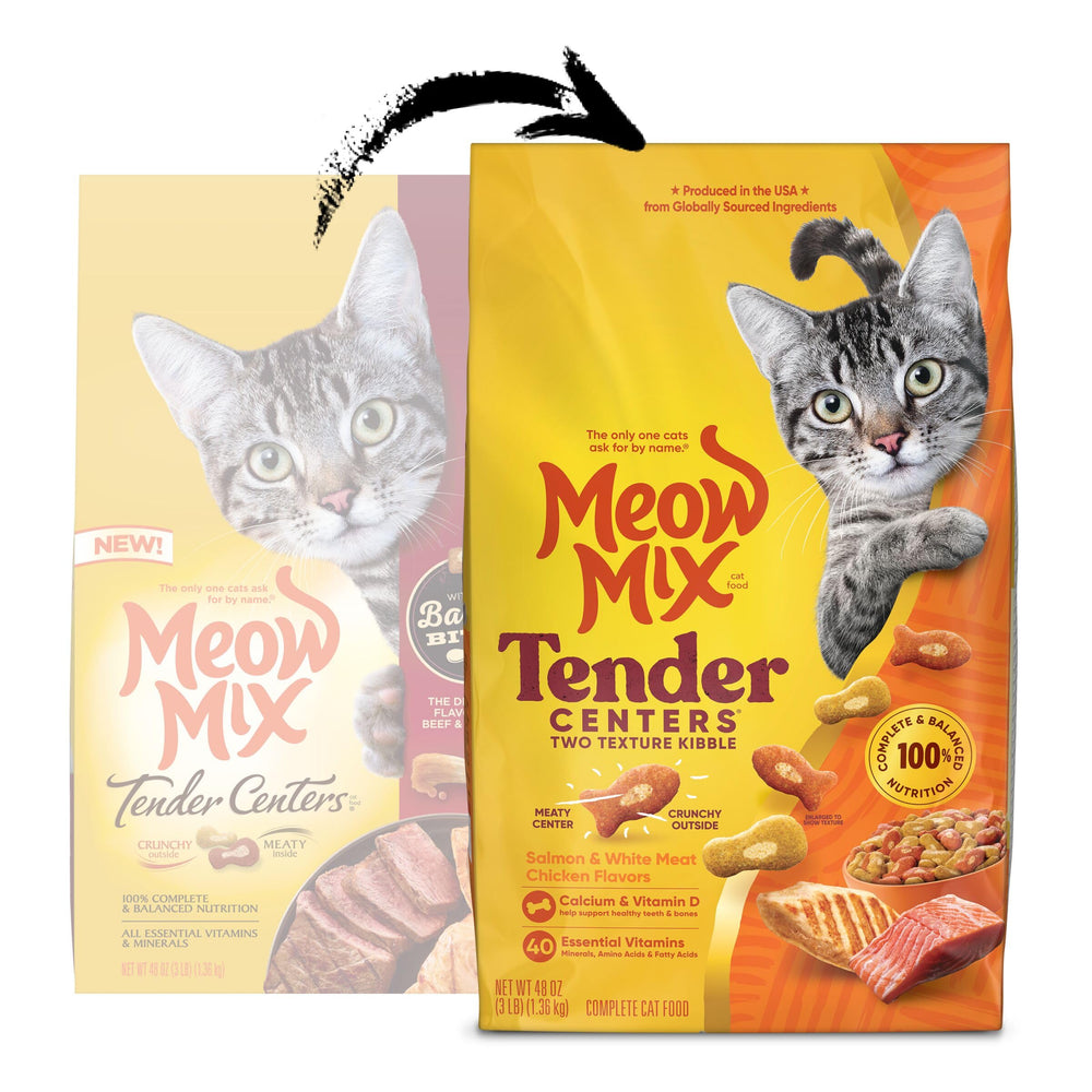 Meow Mix close-up of dual-texture kibble highlighting enticing texture