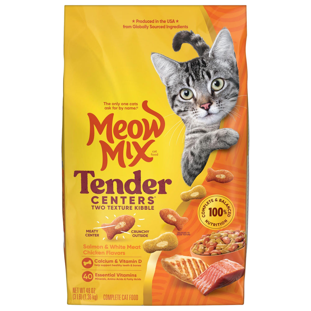Meow Mix packaging back with recycling and storage information for owners